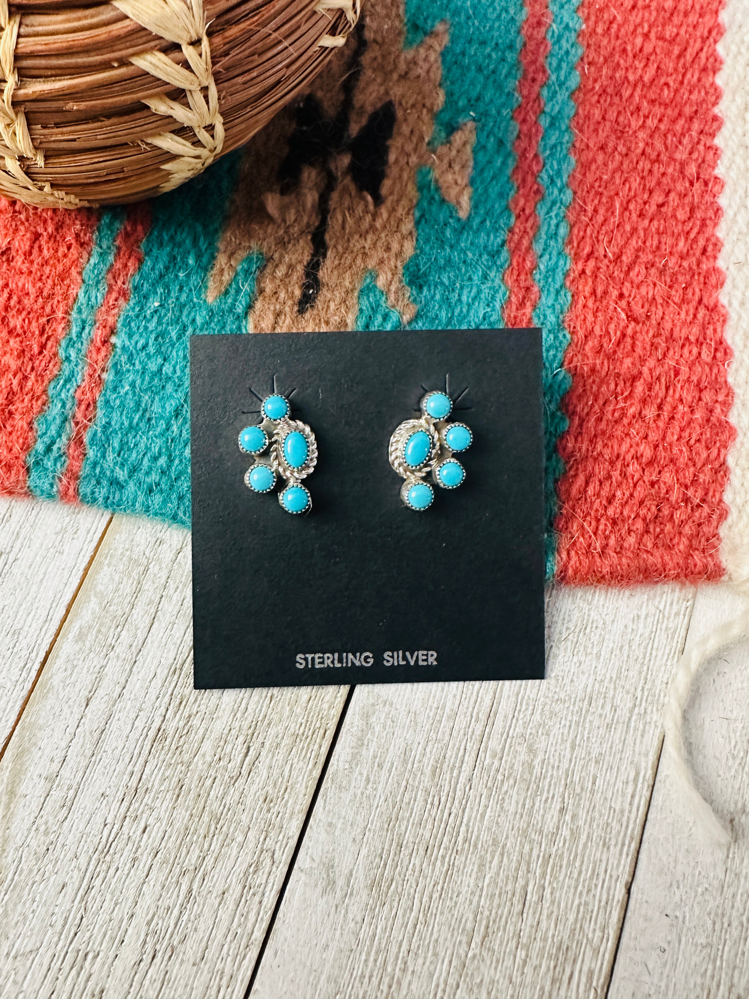 Navajo Sterling Silver & Turquoise Cluster Stud Earrings