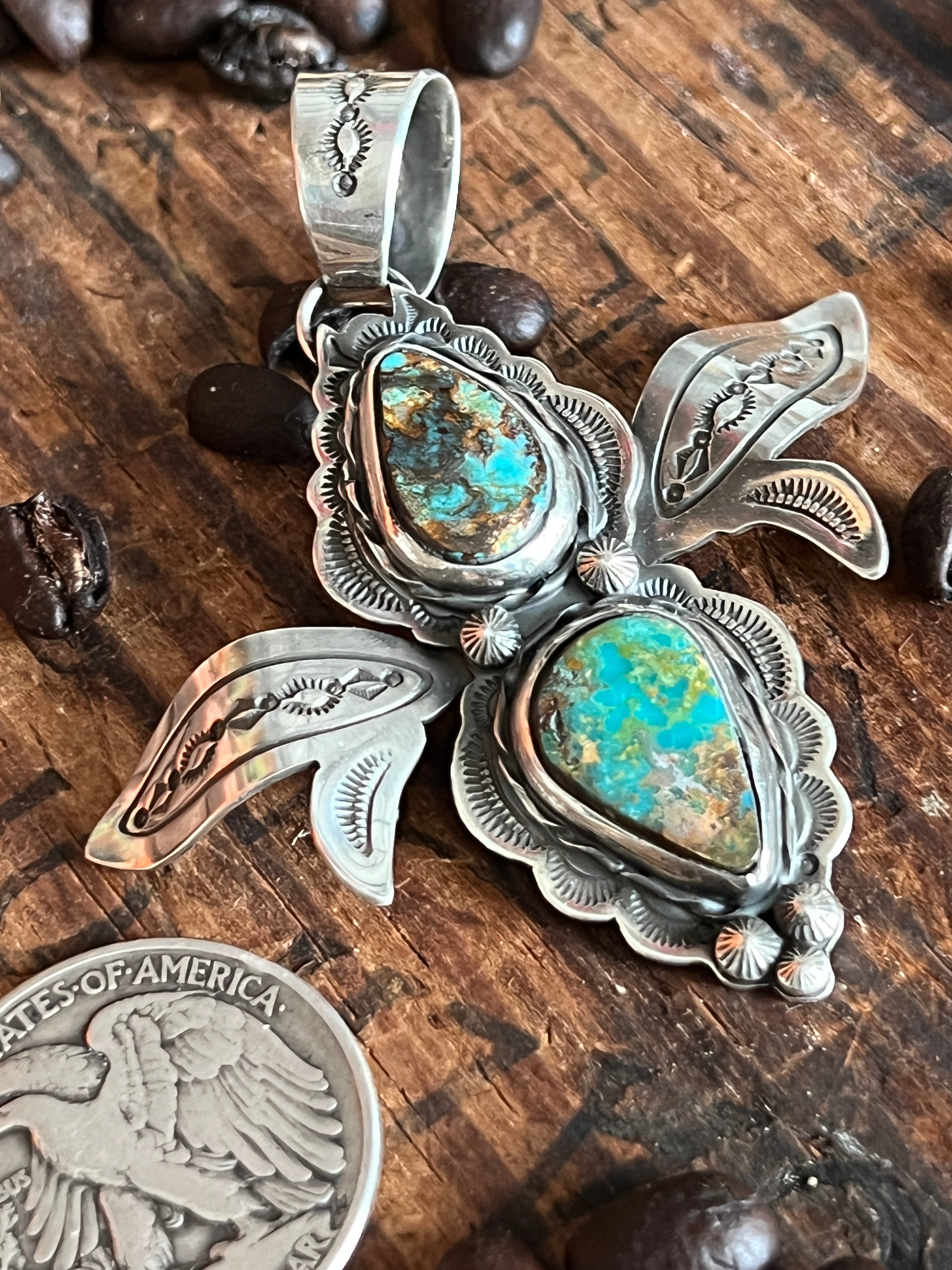 Kimari Somers Hand Stamped Sterling Silver and Turquoise Winged Bug Pendant
