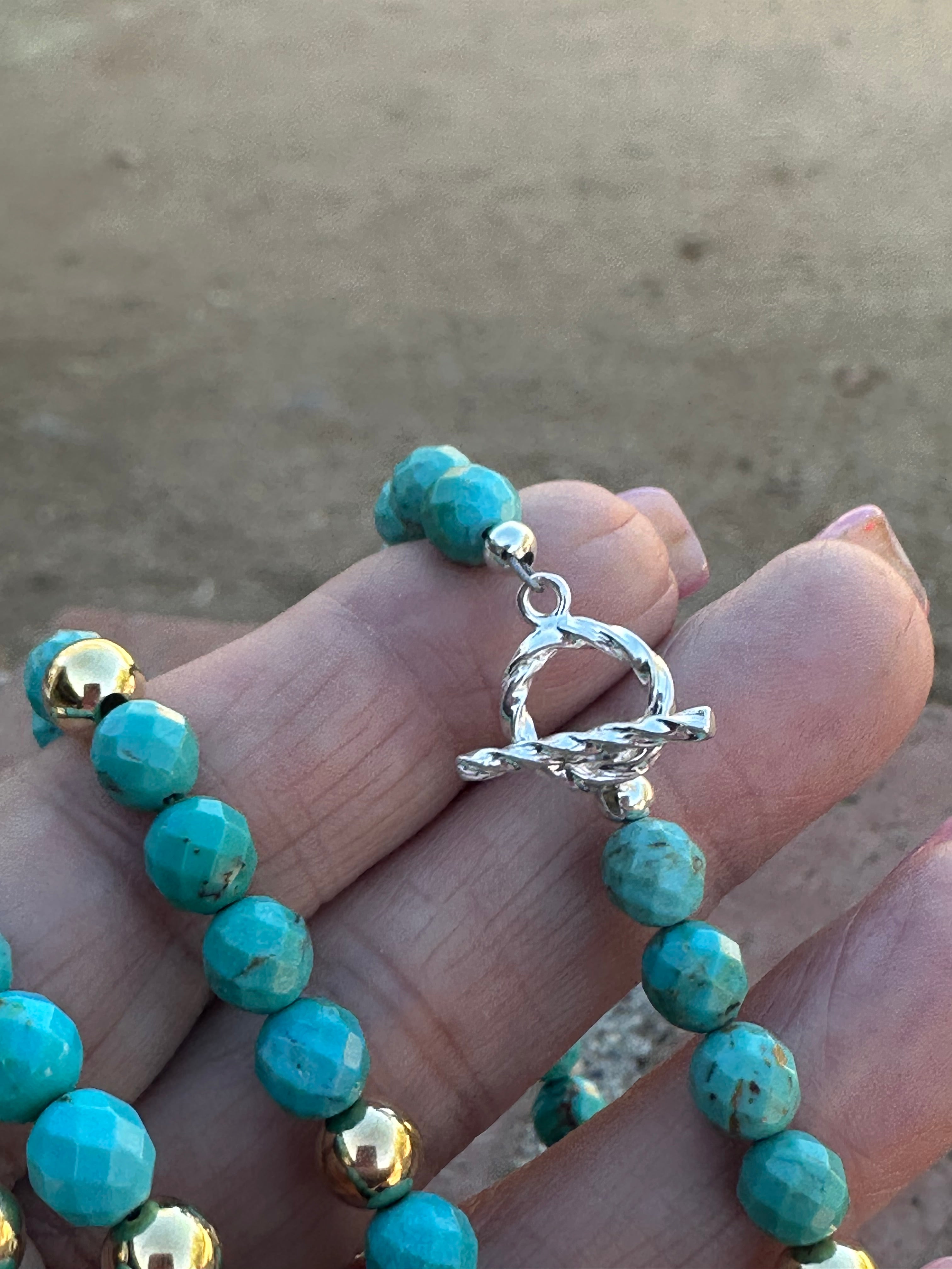 Handcrafted Sterling Silver with 14kt Gold Overlay Kingman Turquoise Beaded Bracelet