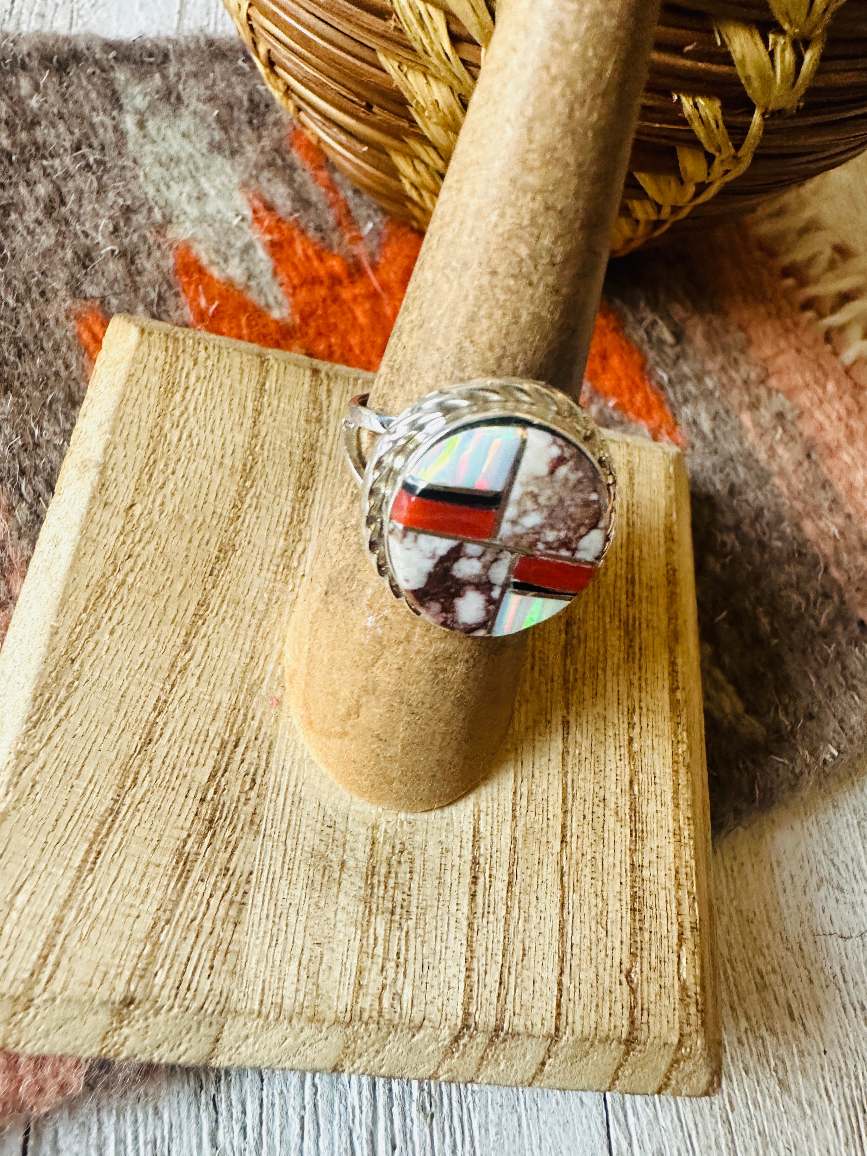 Navajo Sterling Silver & Multi Stone Inlay Ring Size 6