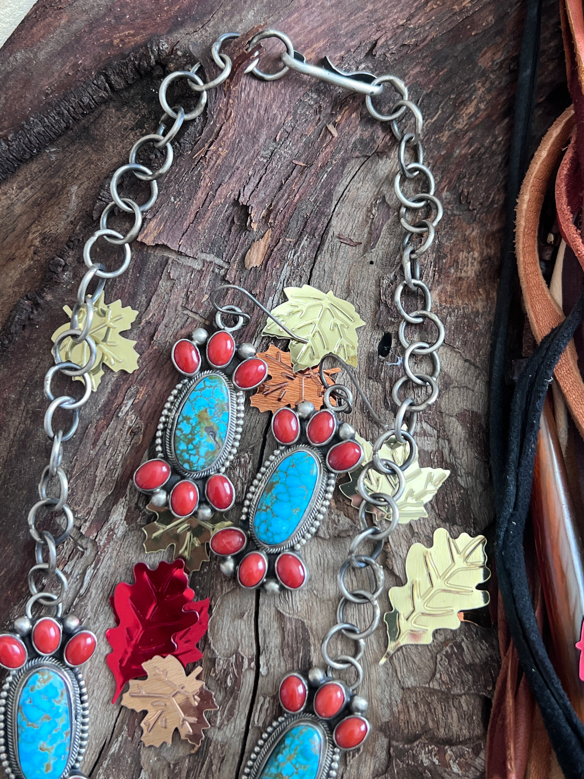 Kathleen Chavez Sterling Silver, Kingman Turquoise & Mediterranean Coral Taos Collection Necklace & Earrings Set