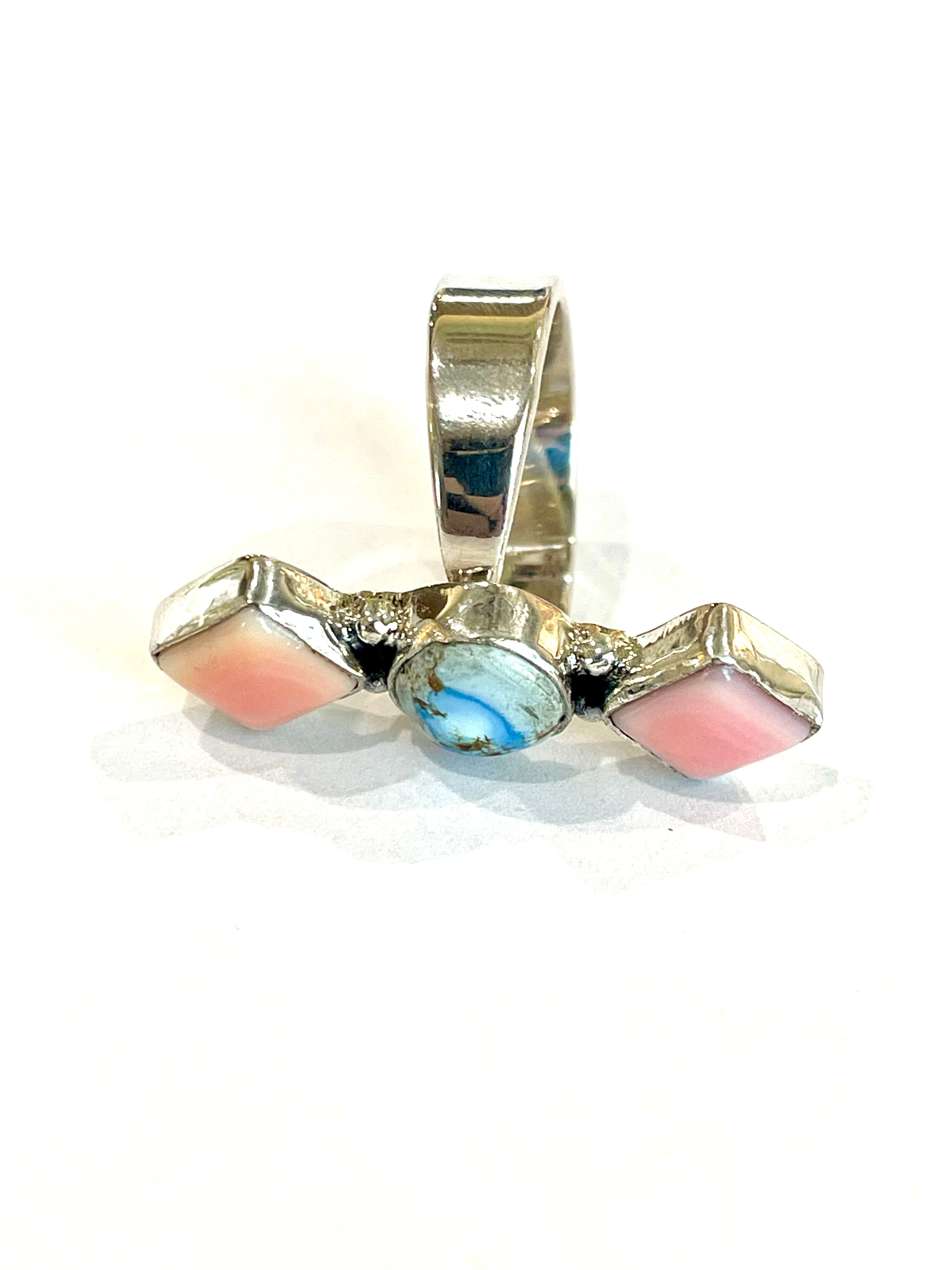 Beautiful Handmade Golden Hills Turquoise, Pink Conch And Sterling Silver Adjustable Ring