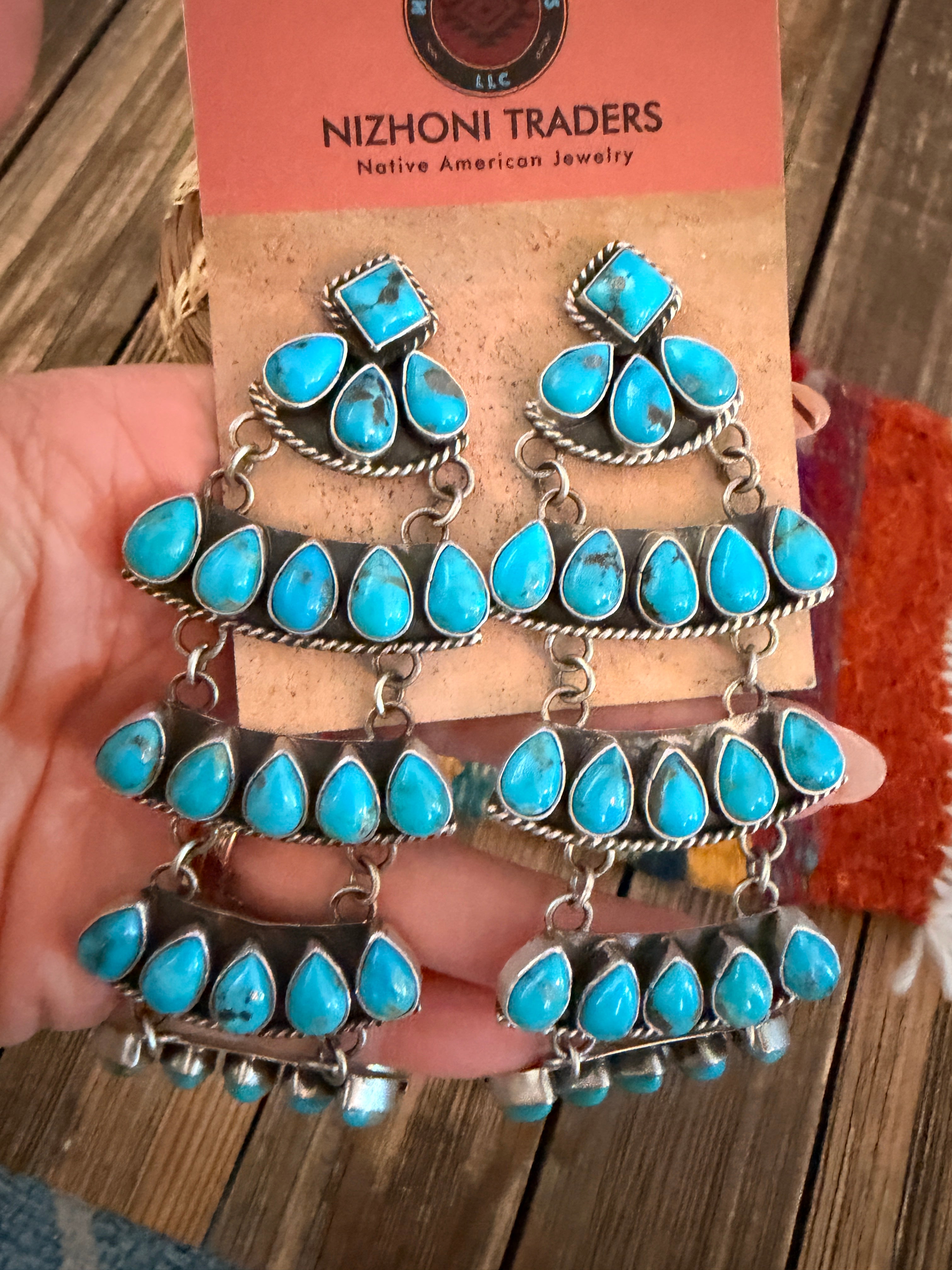 Handcrafted Turquoise & Sterling Silver Chandelier Dangle Earrings by Charles Johnson