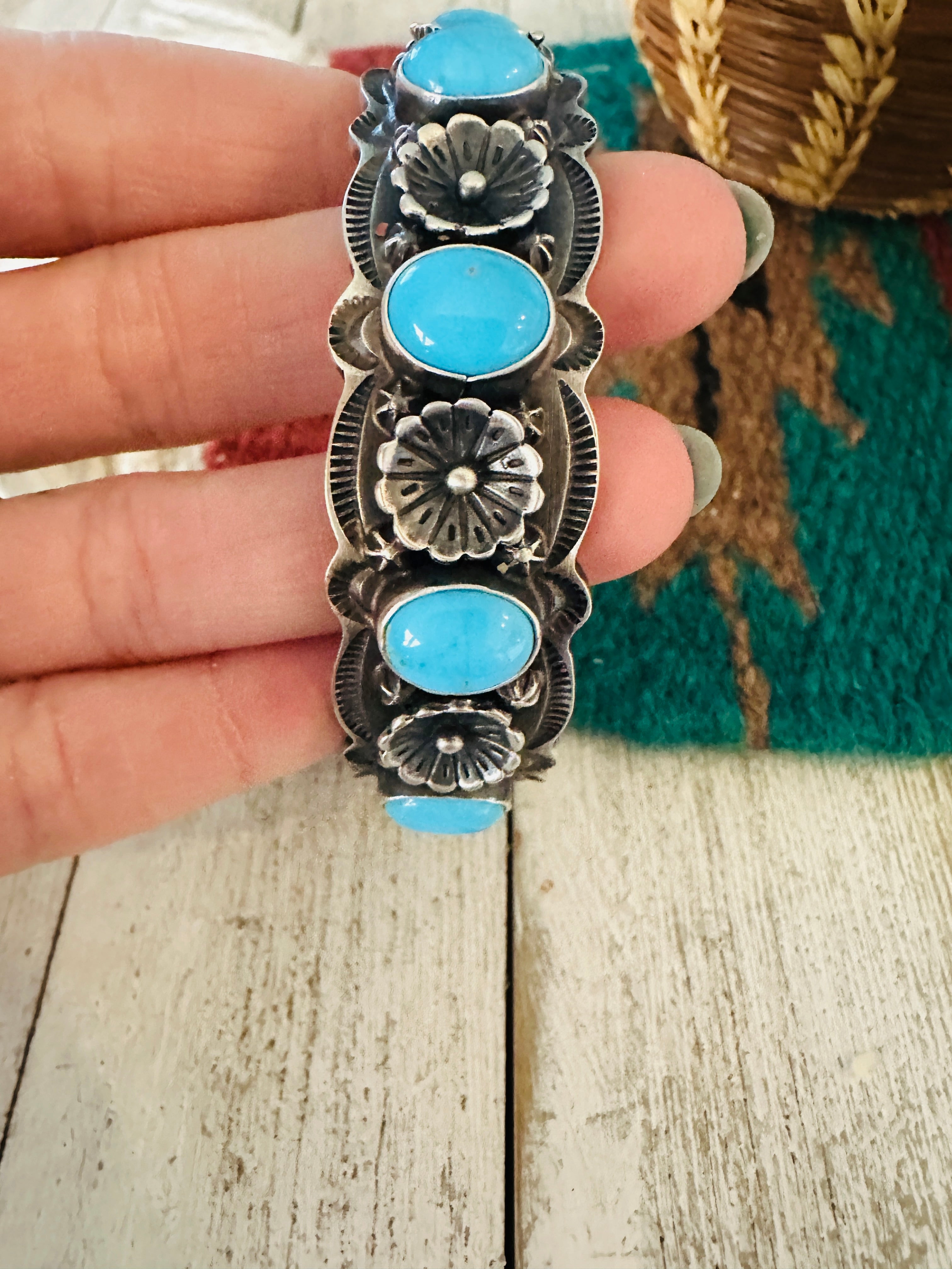 Navajo Turquoise & Sterling Silver Flower Cuff Bracelet