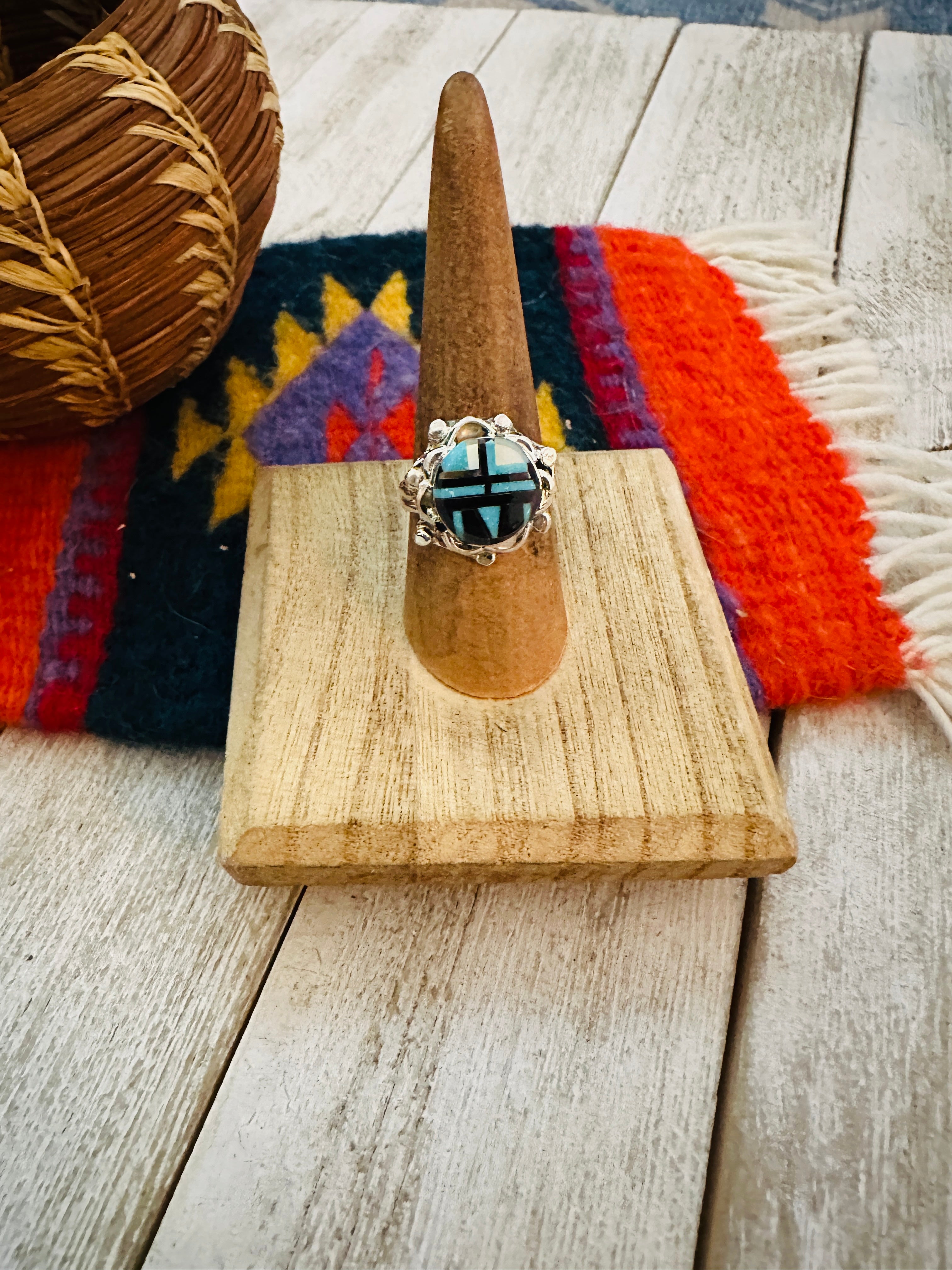 Zuni Multi Stone & Sterling Silver Inlay Ring Size 7