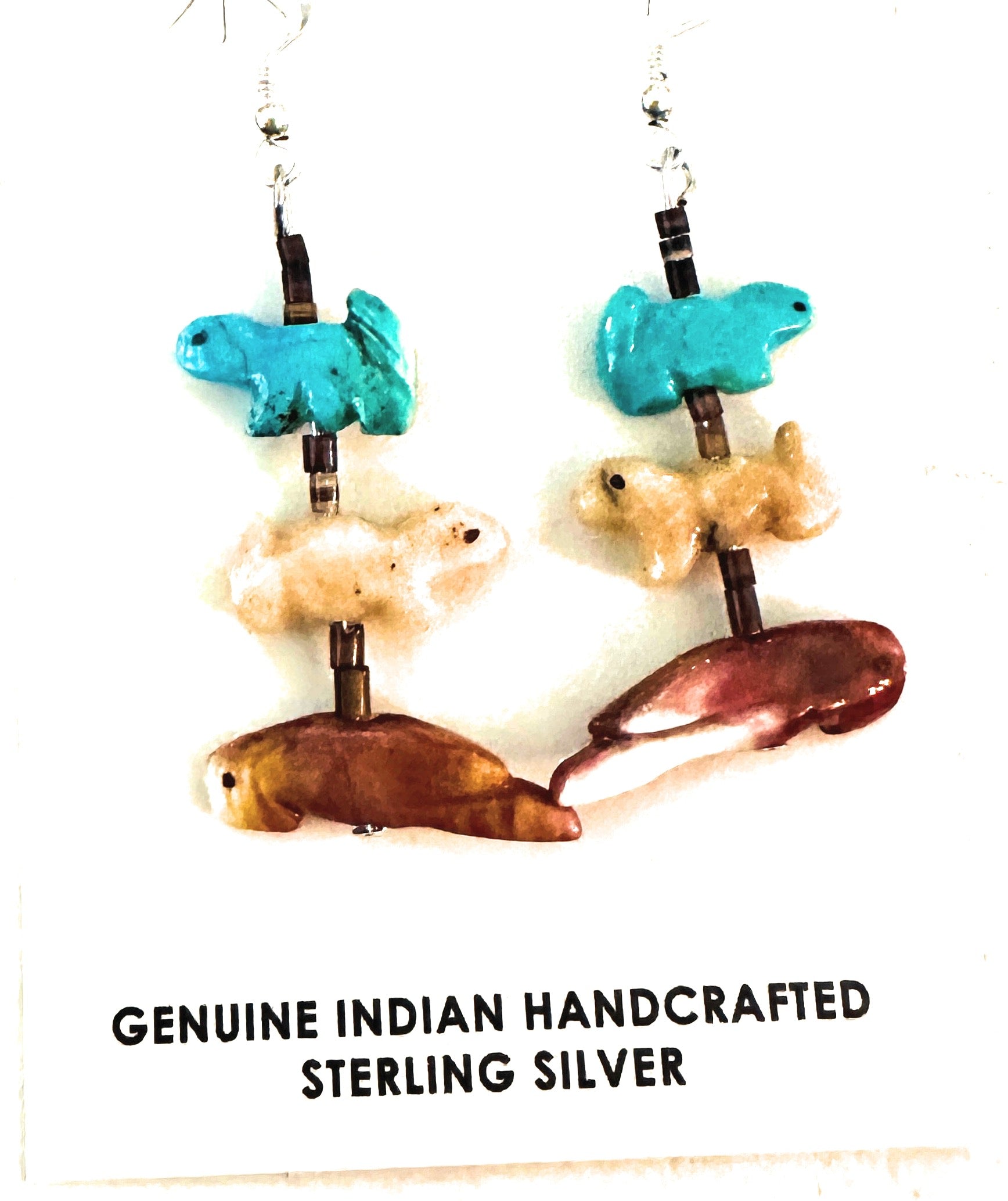 Zuni Multi Stone Beaded Fetish Dangle Earrings