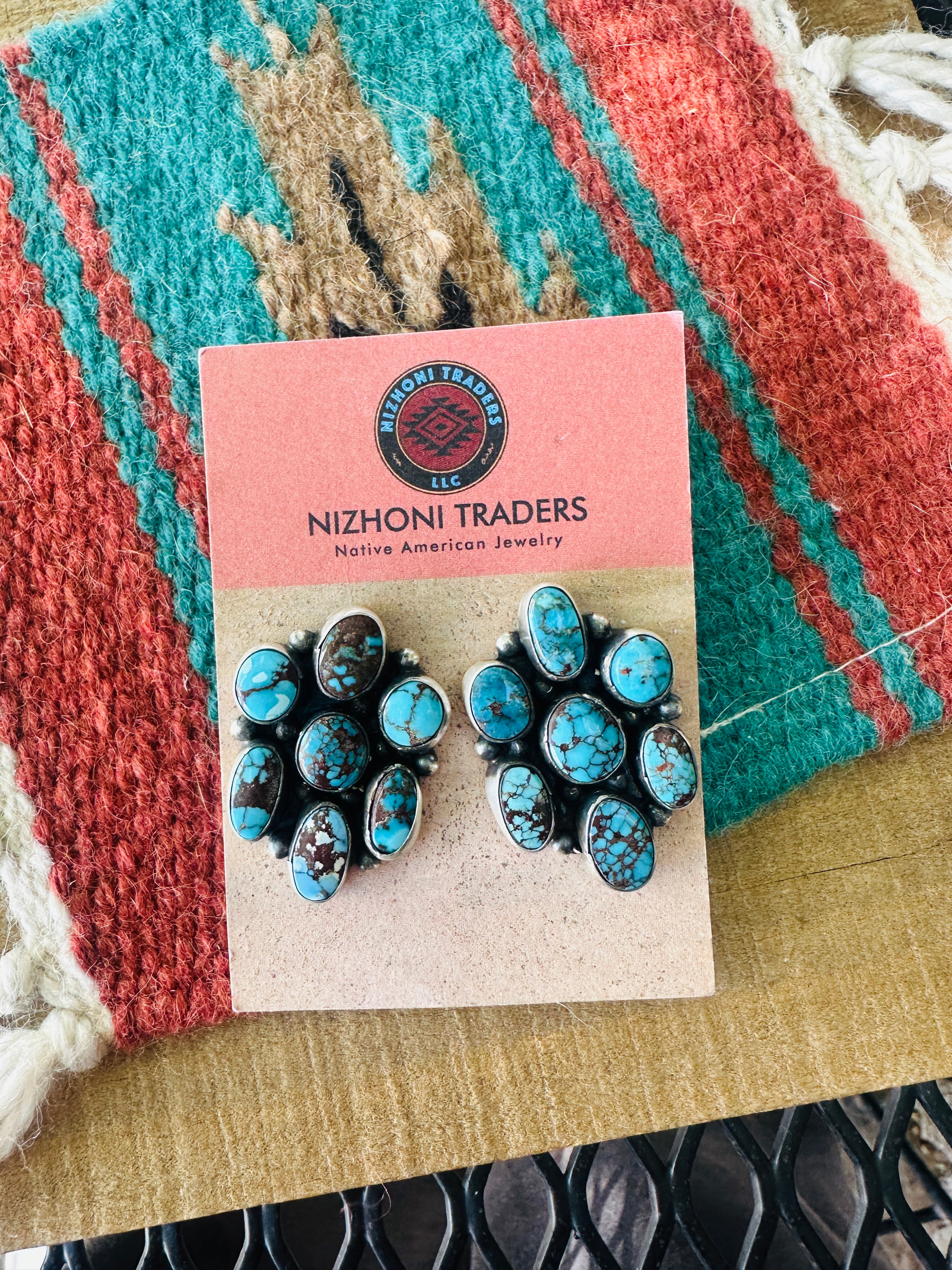 Handcrafted Sterling Silver & Kingman Web Turquoise Cluster Post Earrings