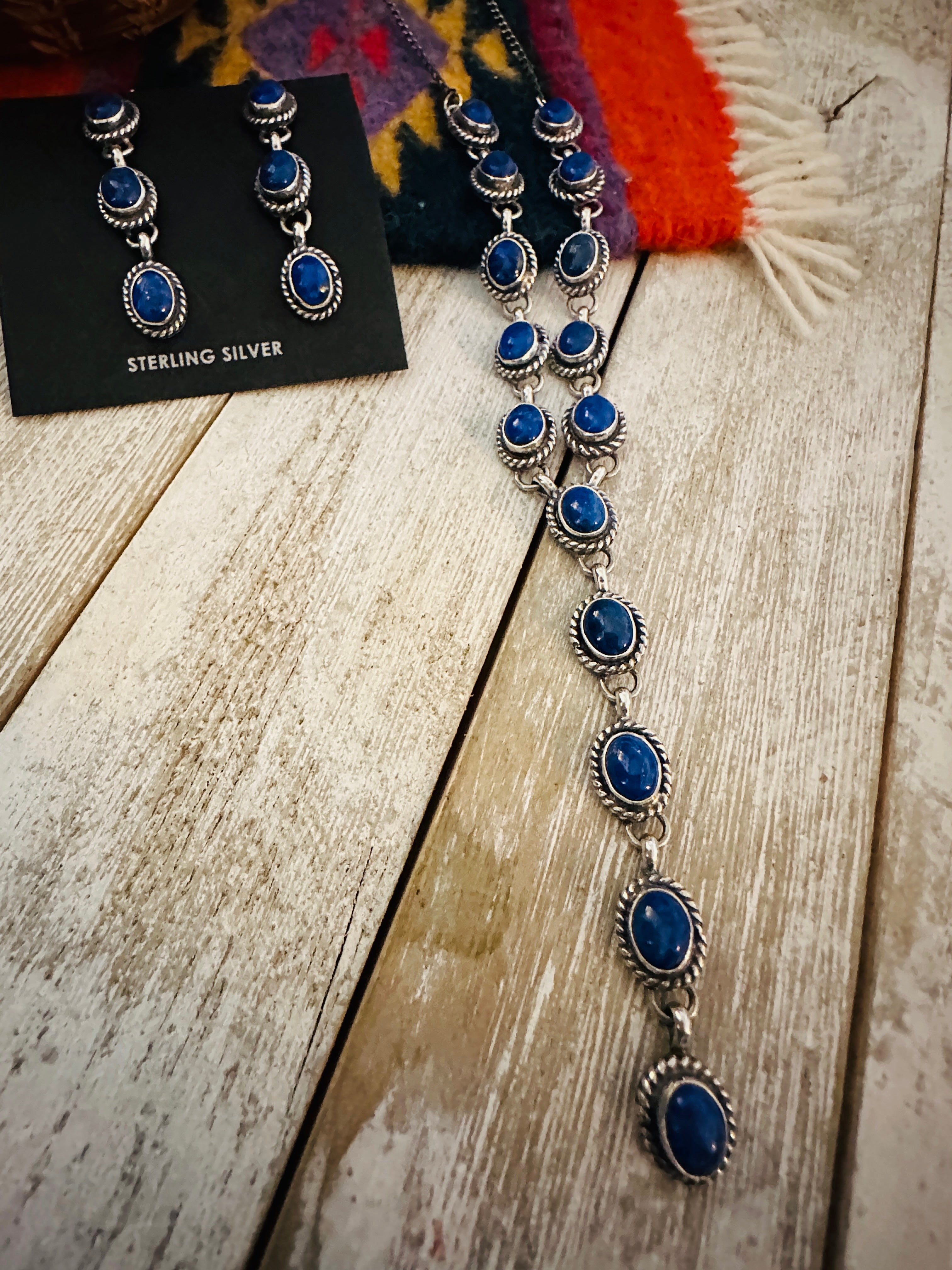 Navajo Sterling Silver & Lapis Lariat Necklace Set