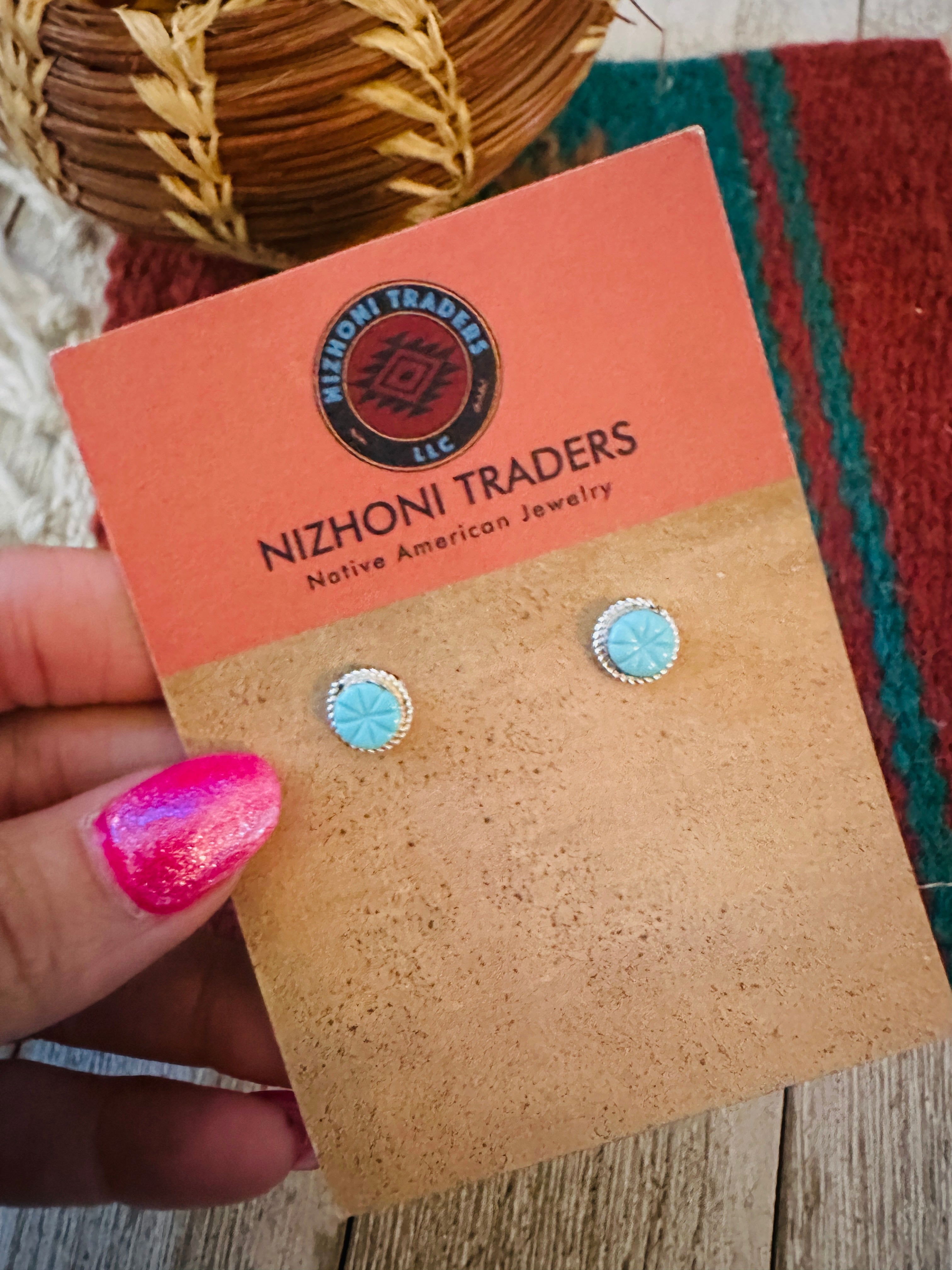 Handcrafted Carved Turquoise & Sterling Silver Stud Earrings