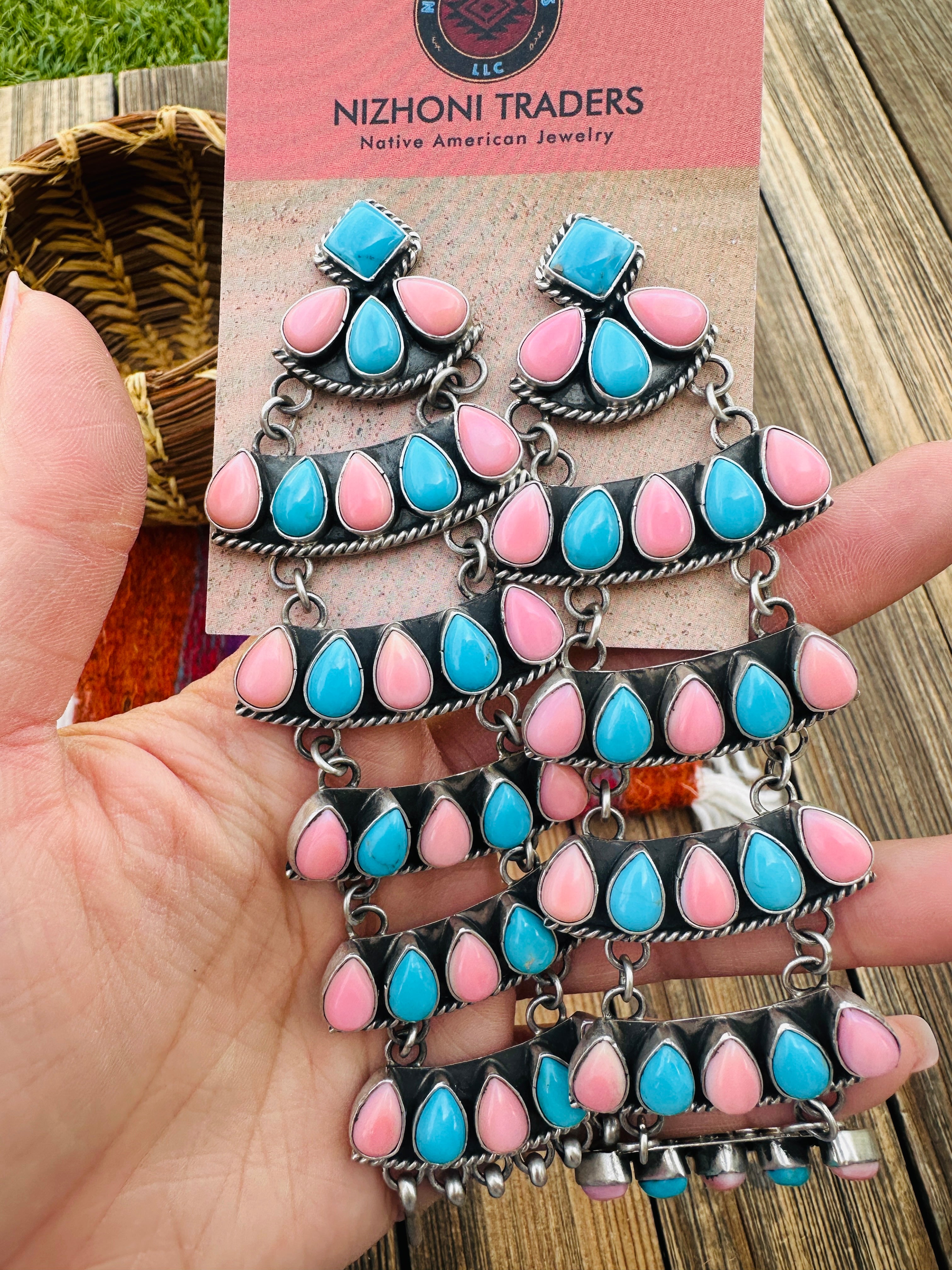 Handcrafted Turquoise, Pink Conch & Sterling Silver Chandelier Dangle Earrings by Charles Johnson