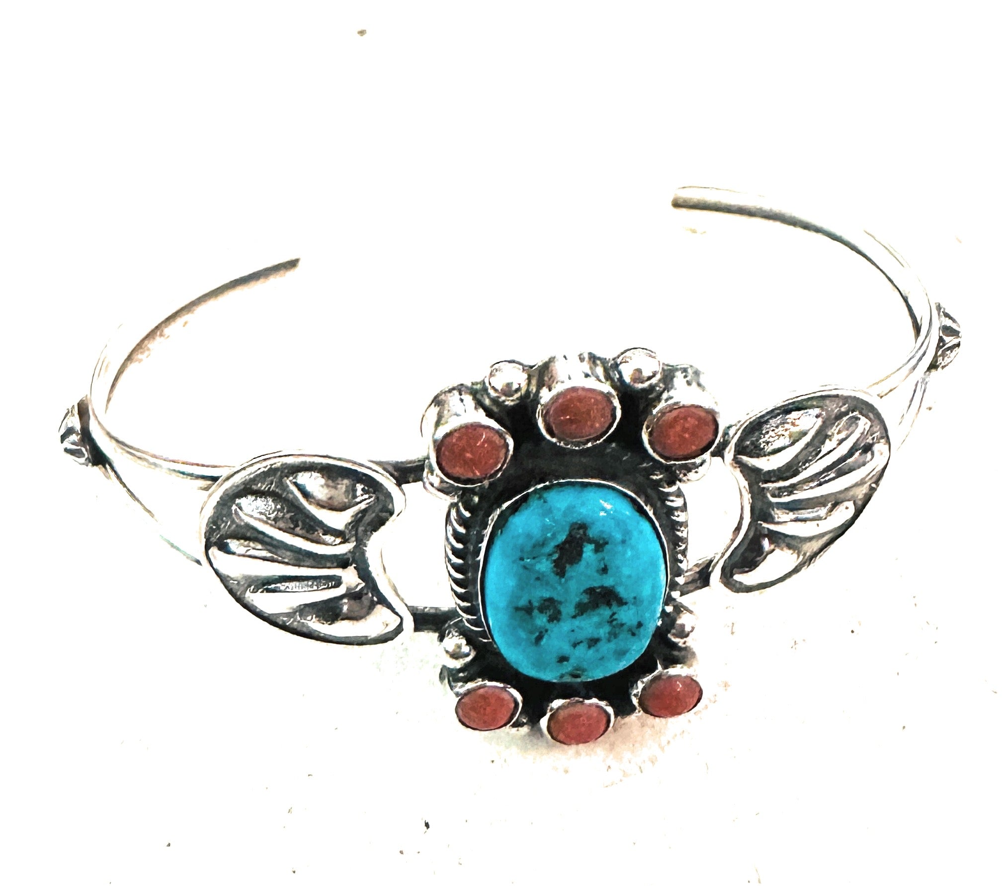 Navajo Turquoise, Coral & Sterling Silver Cluster Cuff Bracelet