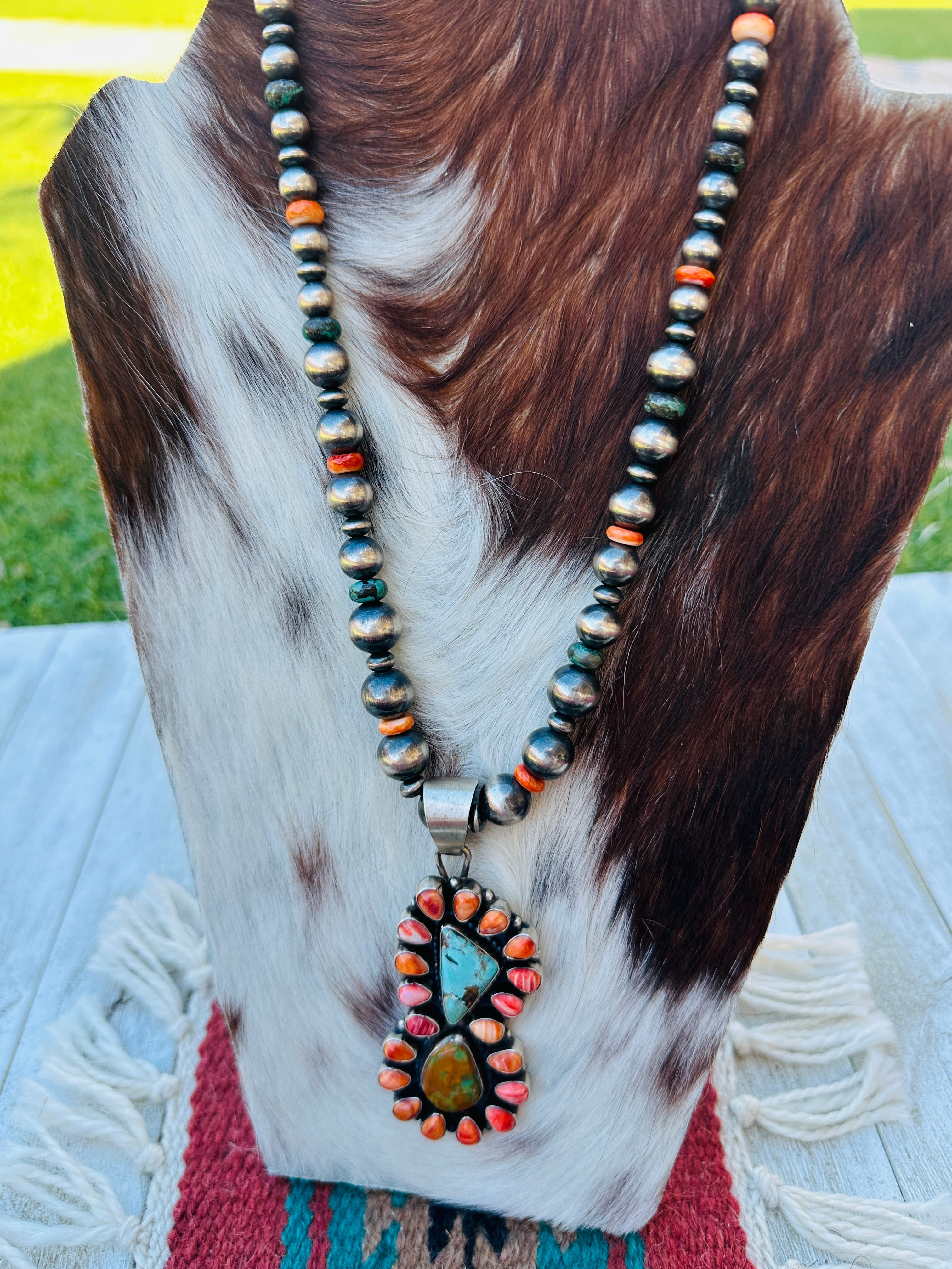 Handcrafted Sterling Silver Pearl, Spiny Oyster and Turquoise Beaded Necklace by Sheila Becenti