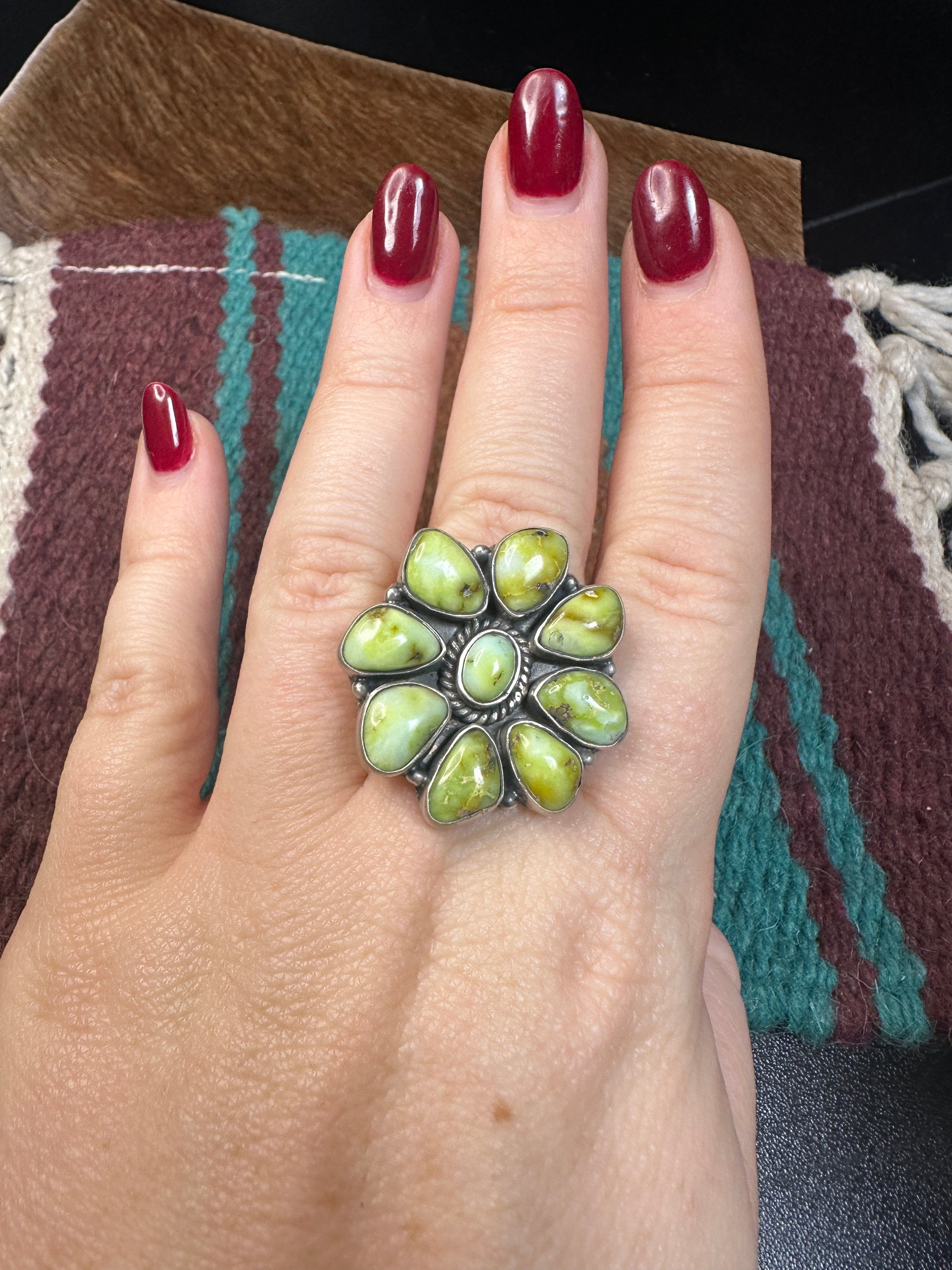 Nizhoni Handmade Palomino Turquoise Sterling Silver Flower Cluster Ring