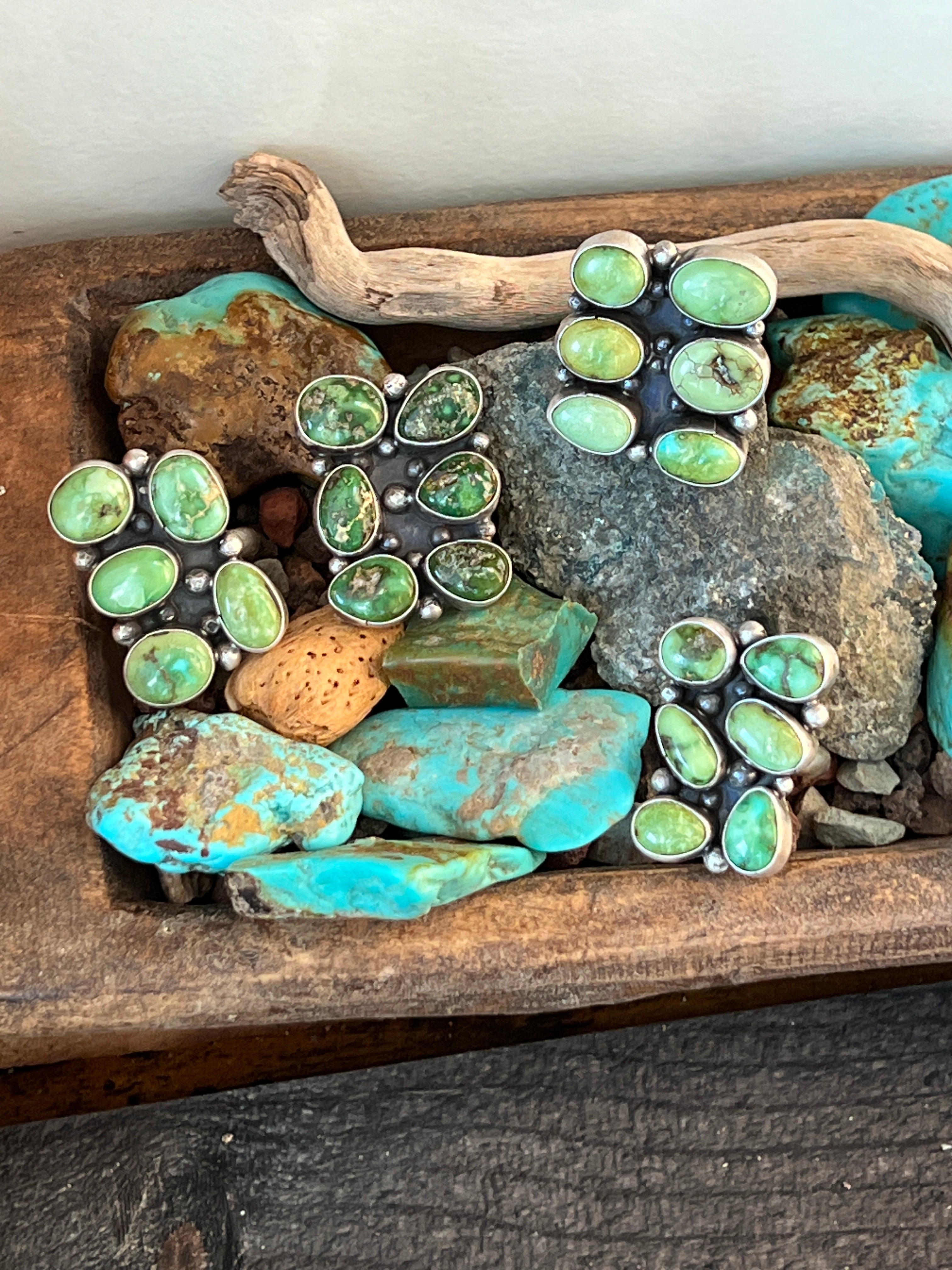 Handcrafted Sterling Silver and Sonoran Gold Turquoise Cluster Rings by Travis Jim, Size 8