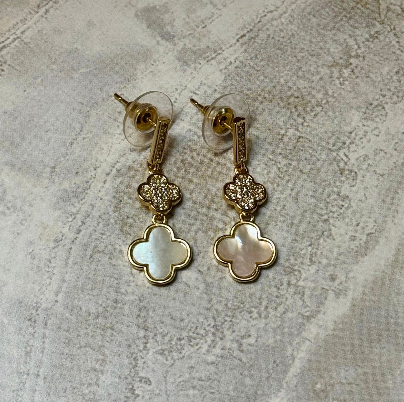 14k Gold Plated CZ Clover Dangle Post Earrings