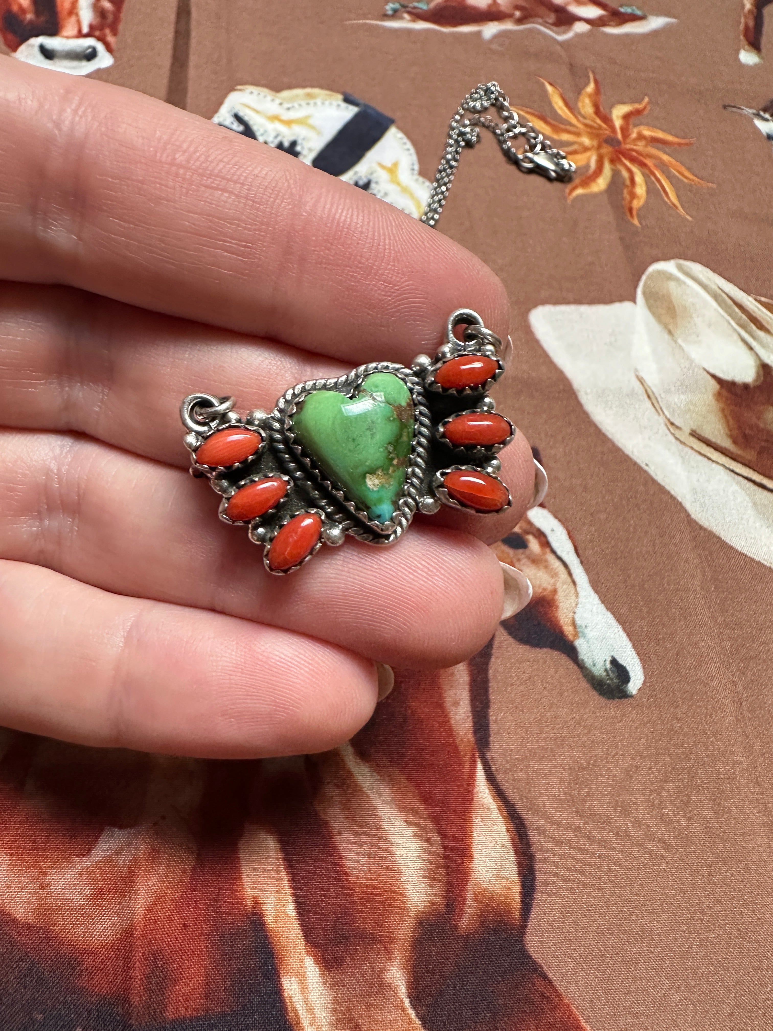 Beautiful Handmade Sterling Silver, Coral & Sonoran Turquoise Heart Cluster Necklace 2