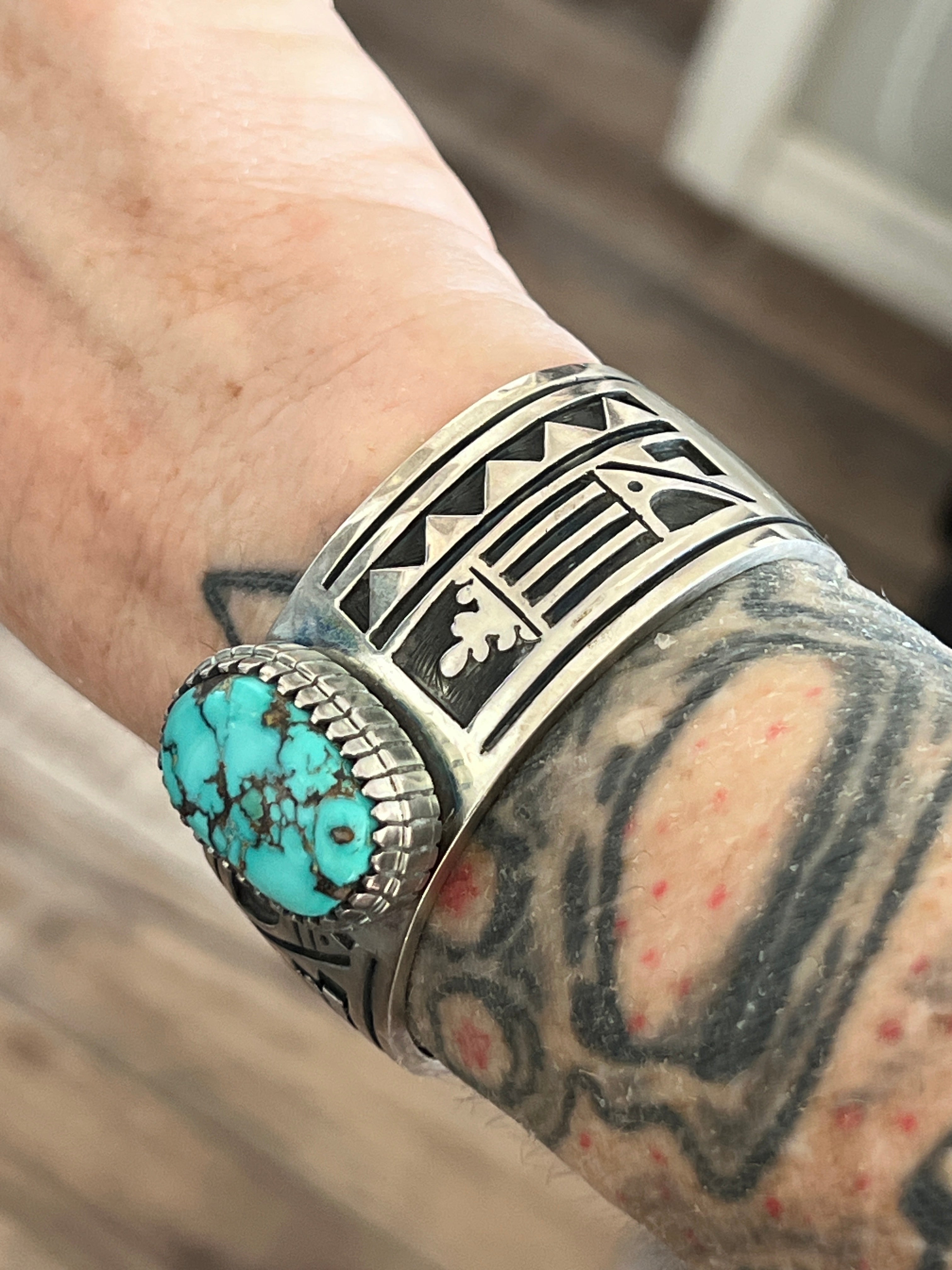 Handcrafted Timmy Earl Yazzie Kilt Design Sterling and Turquoise Cuff