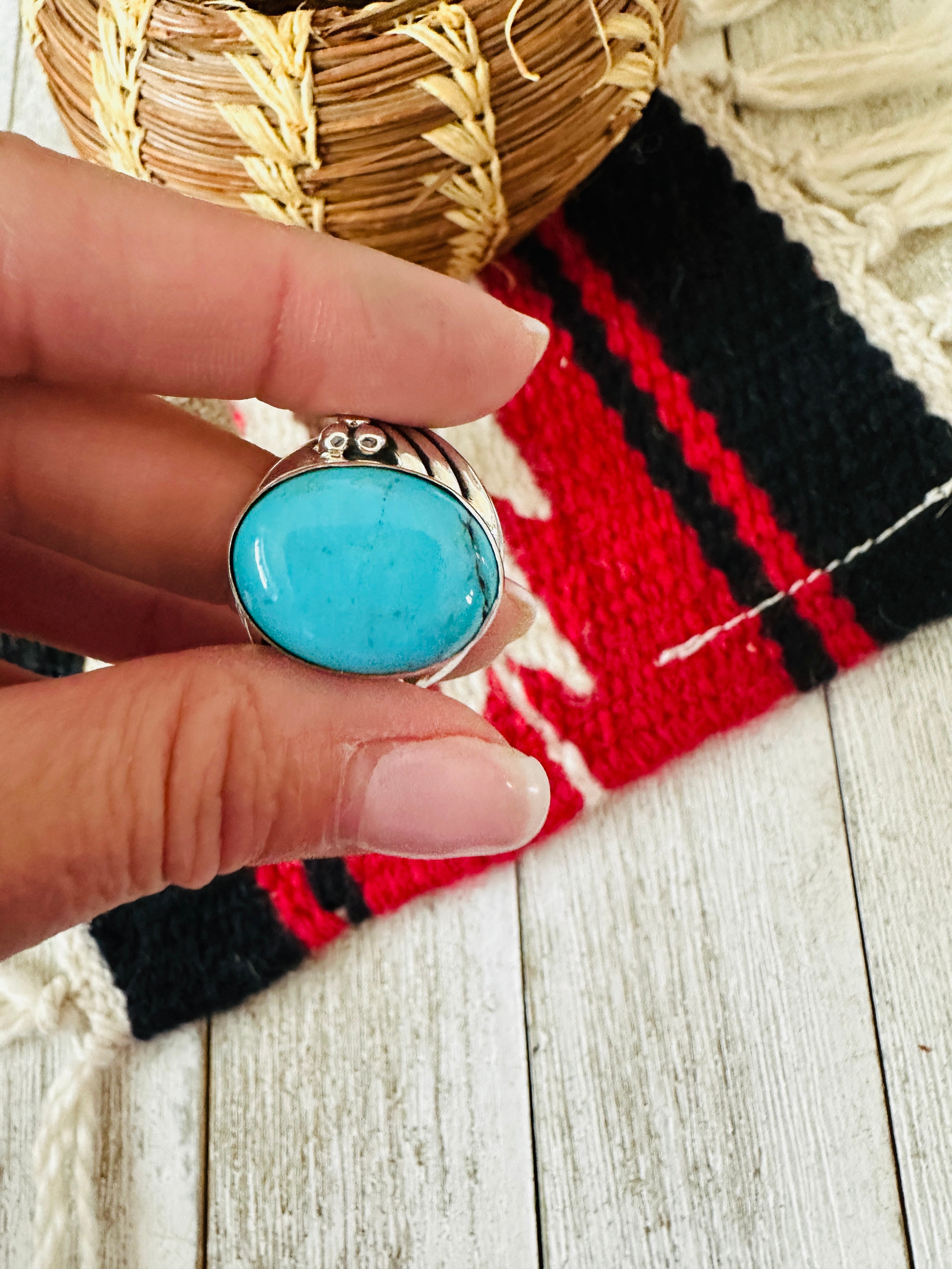 Handcrafted Turquoise & Sterling Silver Cigar Band Ring Size 9.5