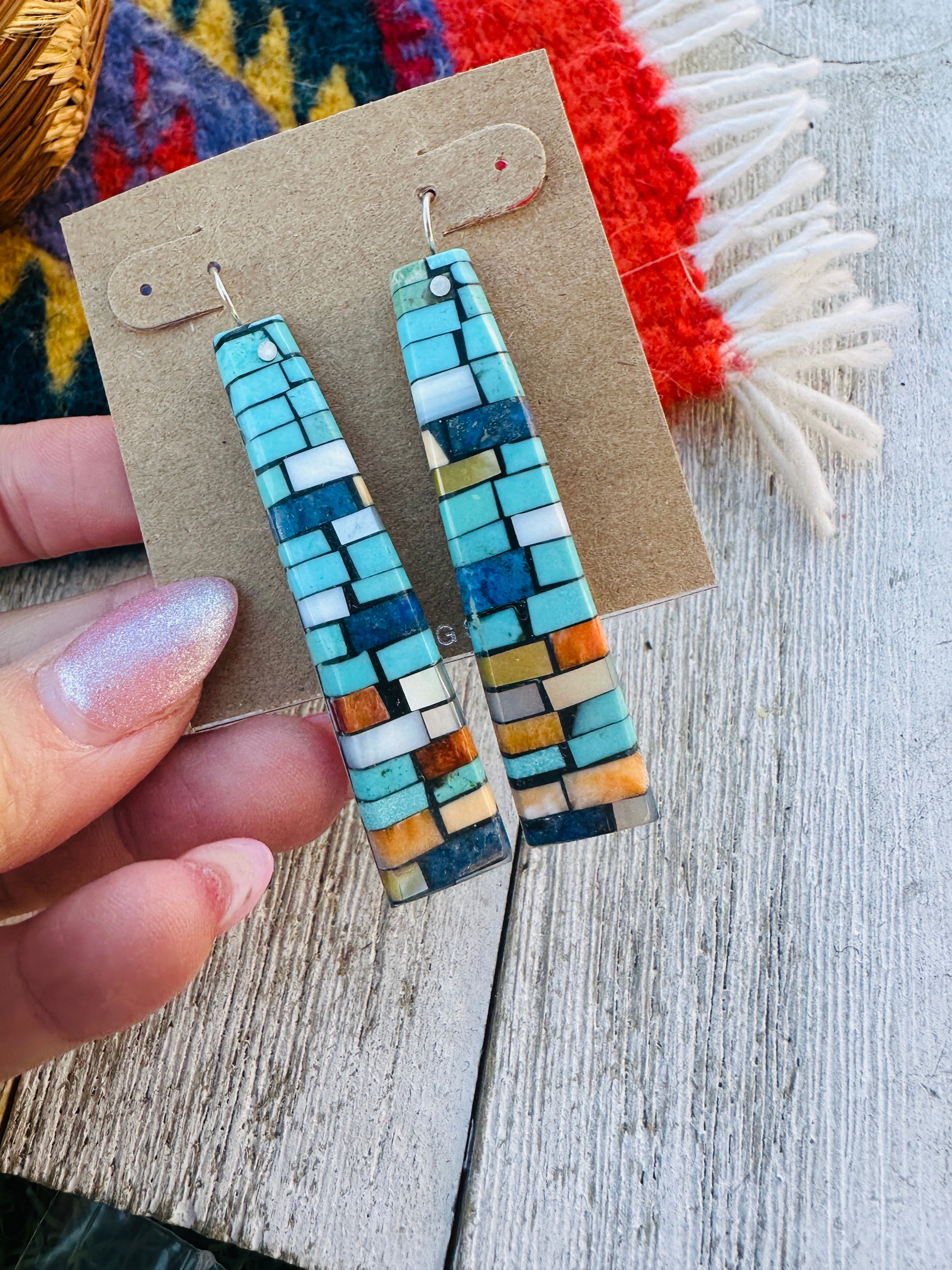 Handcrafted Multi Stone Inlay Shell Dangle Earrings