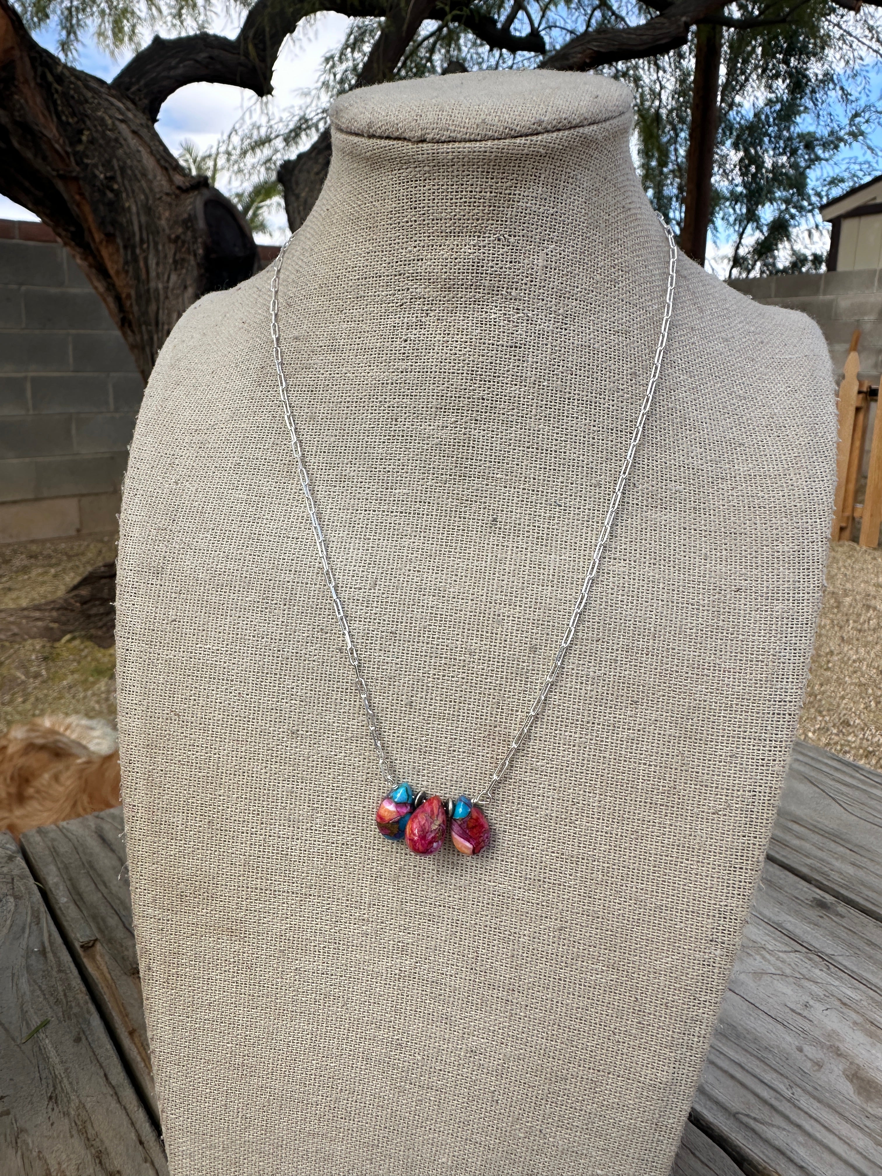 Tiny Dancer Handmade Sterling Silver & Pink Dream Mojave 3 Stone Necklace