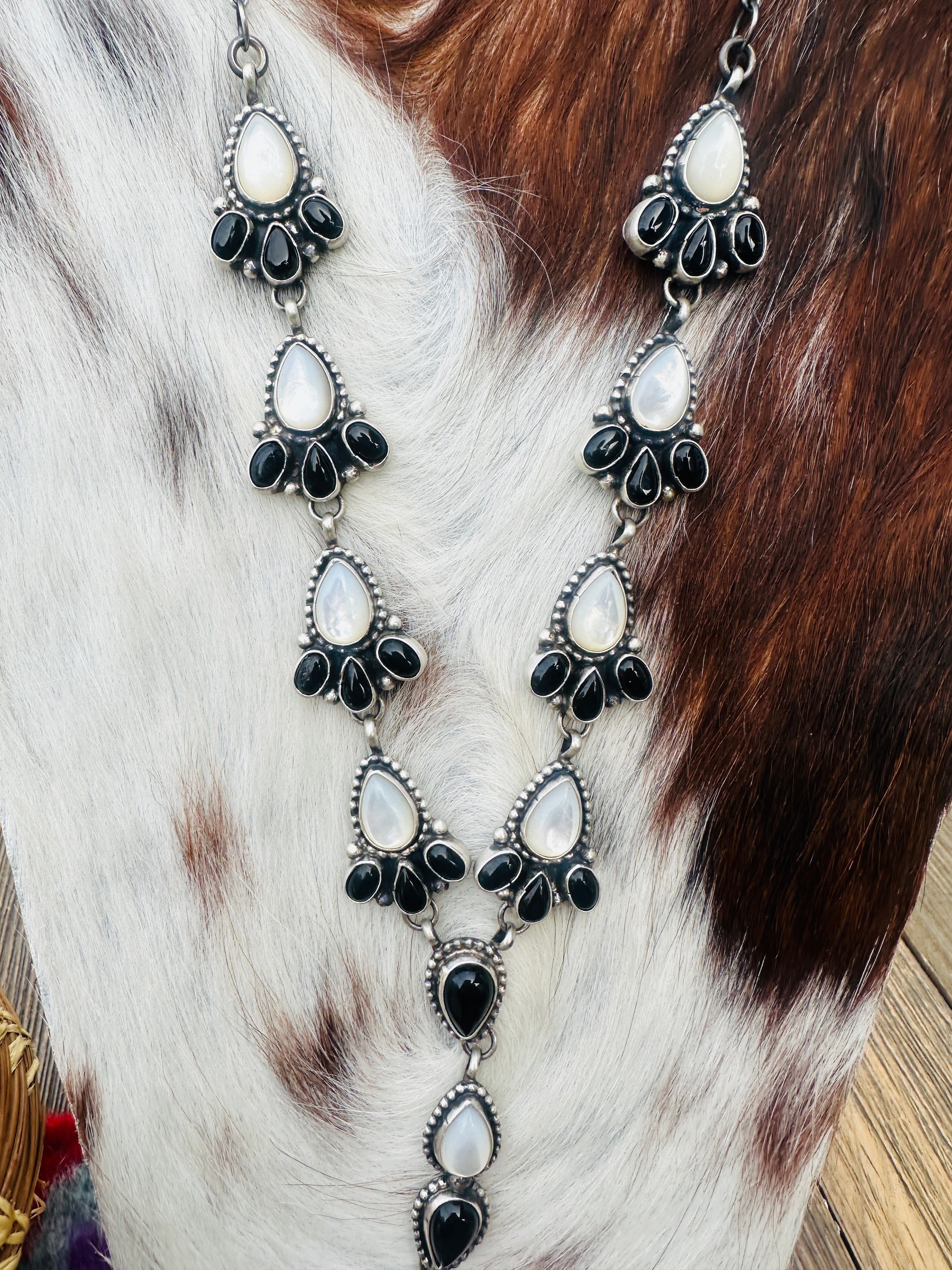 Handcrafted Mother of Pearl, Onyx & Sterling Silver Lariat Necklace by Sheila Becenti