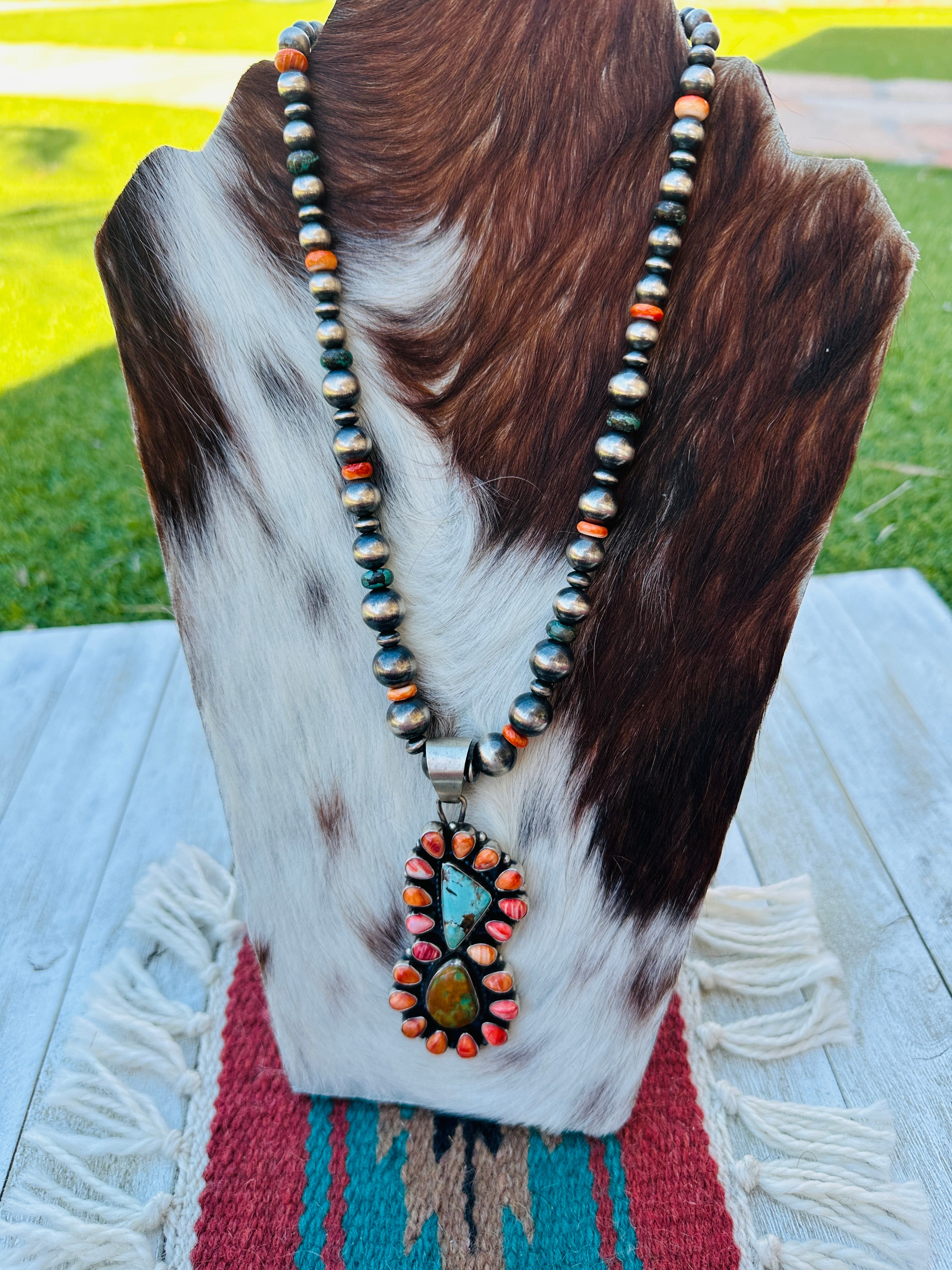 Handcrafted Sterling Silver Pearl, Spiny Oyster and Turquoise Beaded Necklace by Sheila Becenti