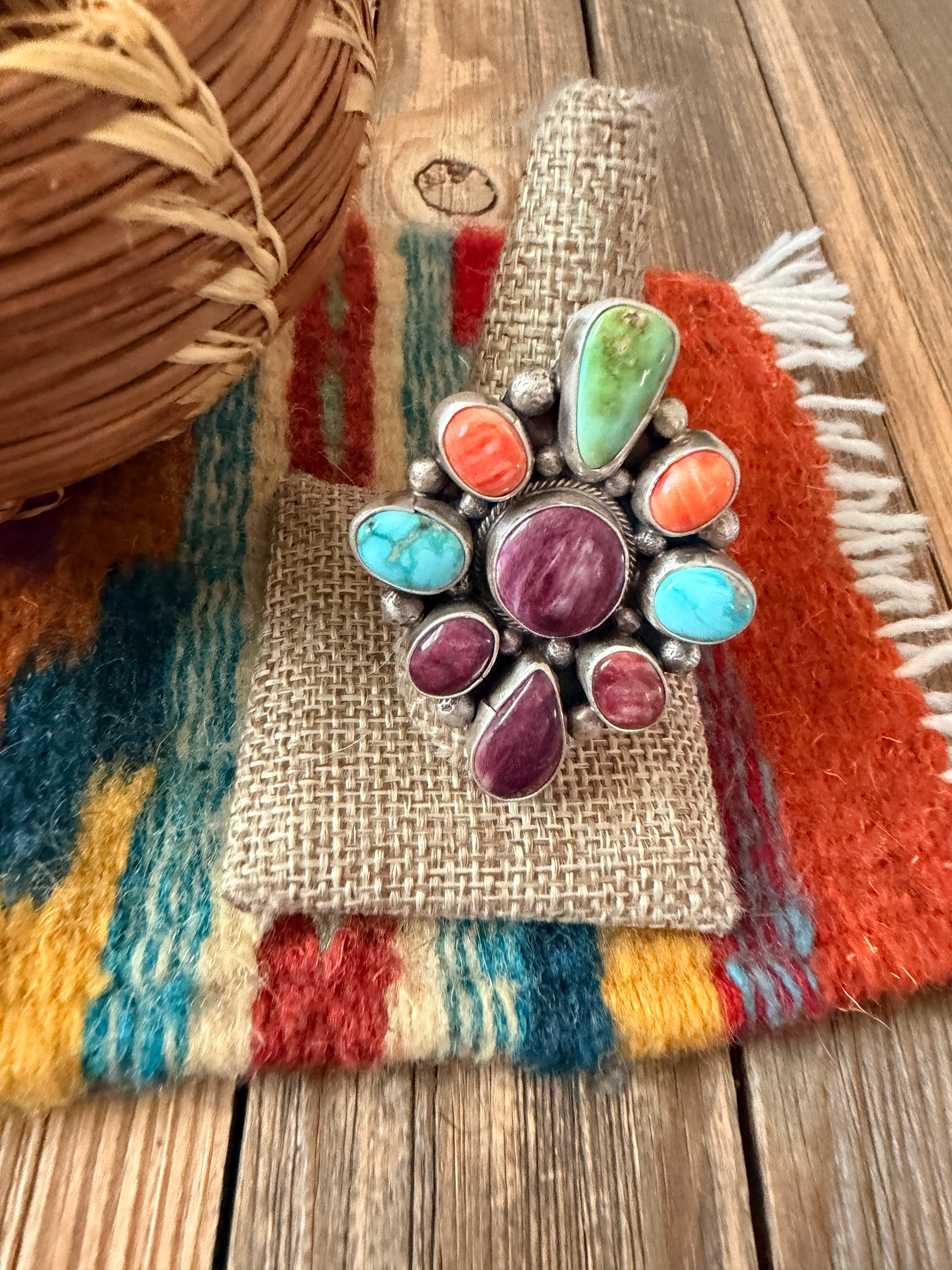 Handcrafted Spiny Oyster, Turquoise & Sterling Silver Adjustable Cluster Ring by Sheila Becenti