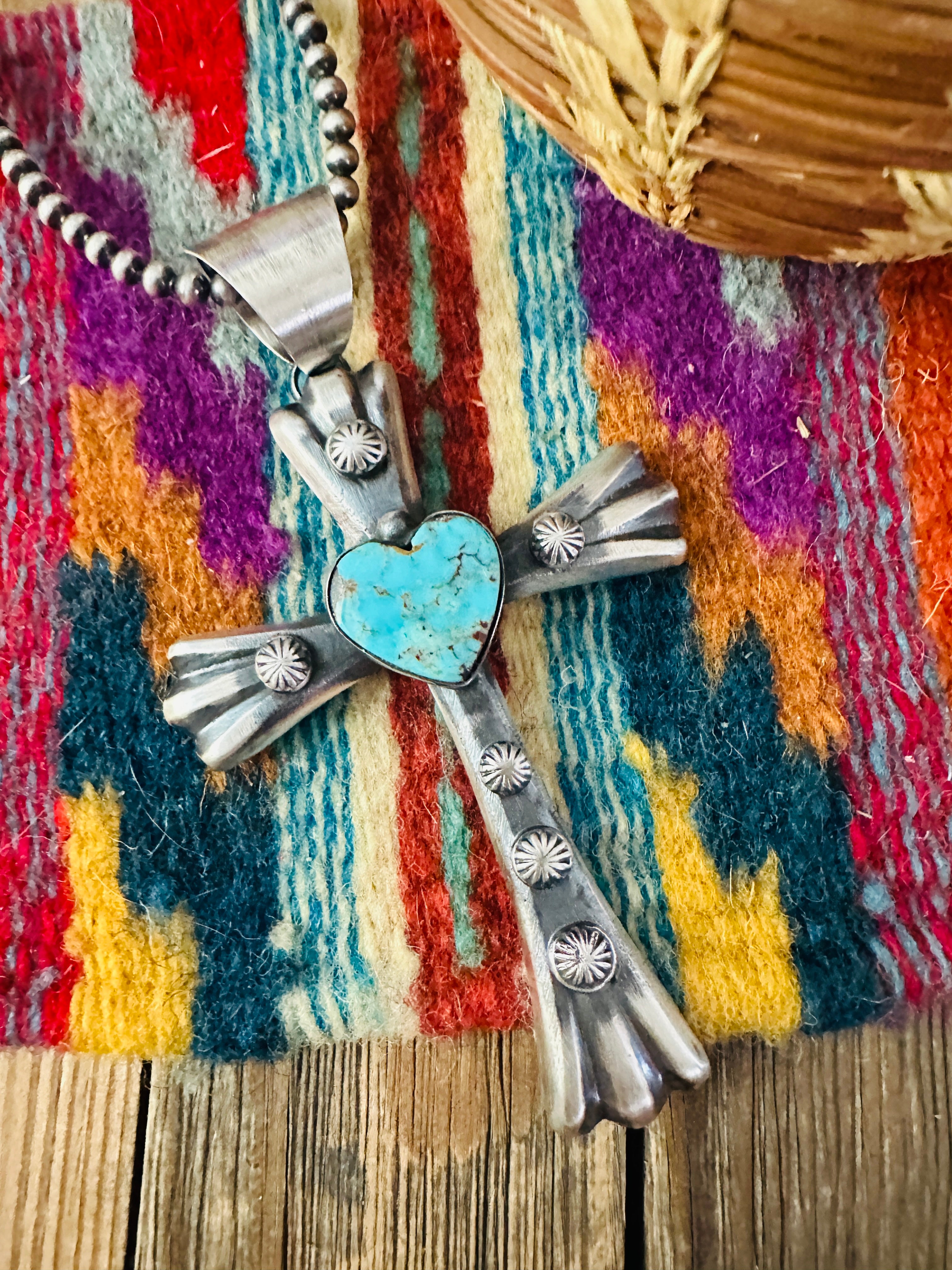 Handcrafted Turquoise & Sterling Silver Heart Cross Pendant by Chimney Butte