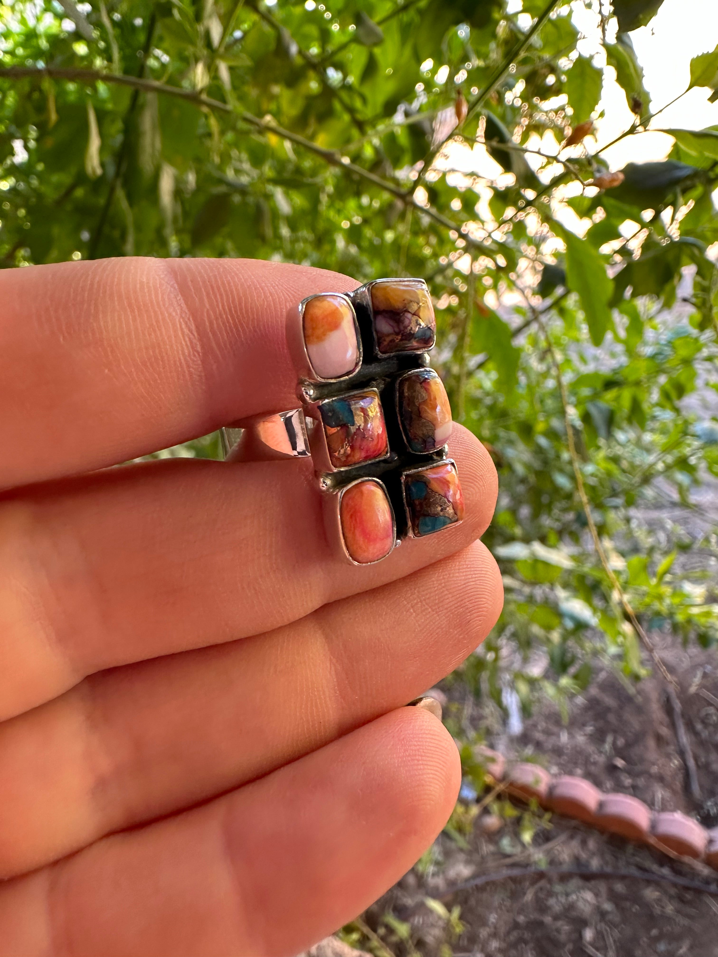 Handmade Pink Dream Mojave & Sterling Silver 6 Stone Adjustable Ring Signed Nizhoni