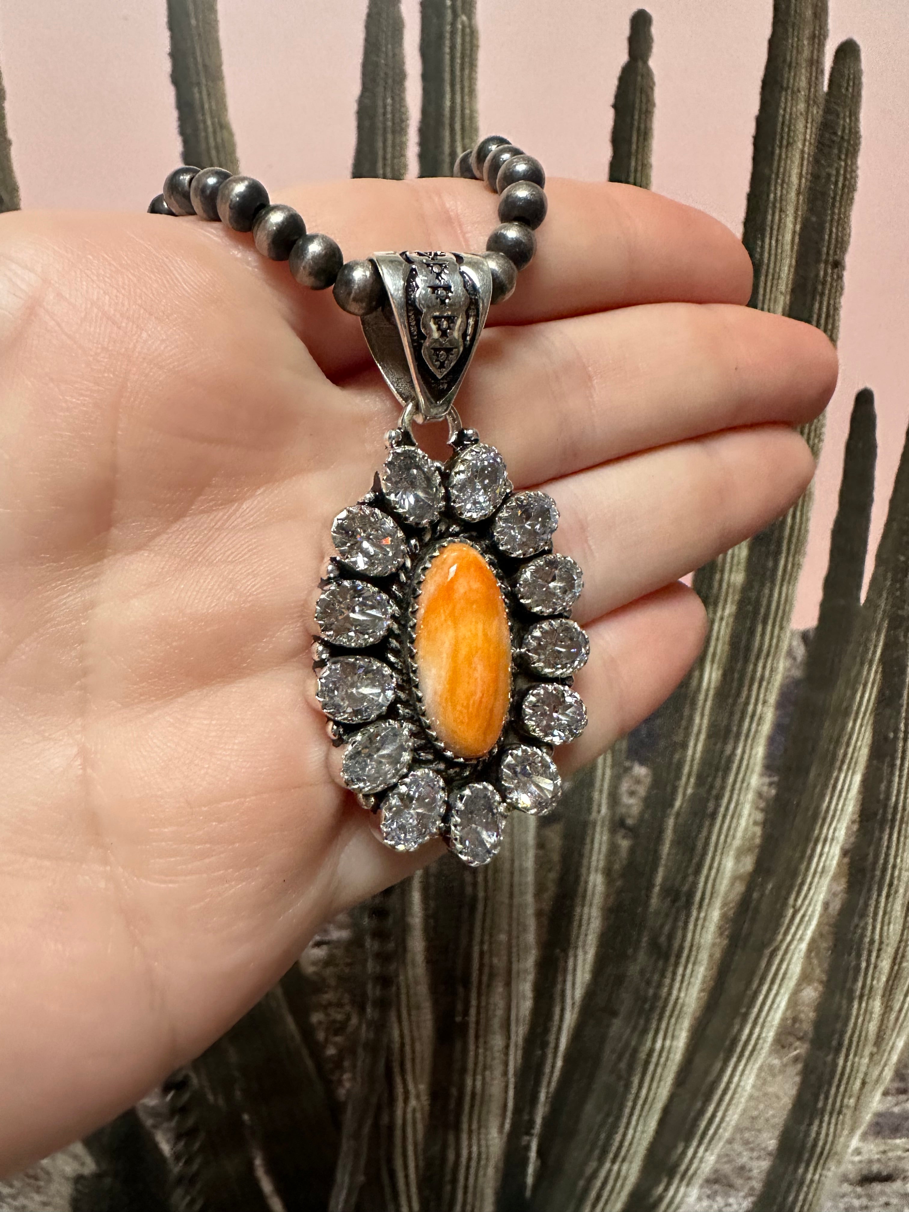 Beautiful Handmade Sterling Silver, Orange Spiny & CZ Pendant