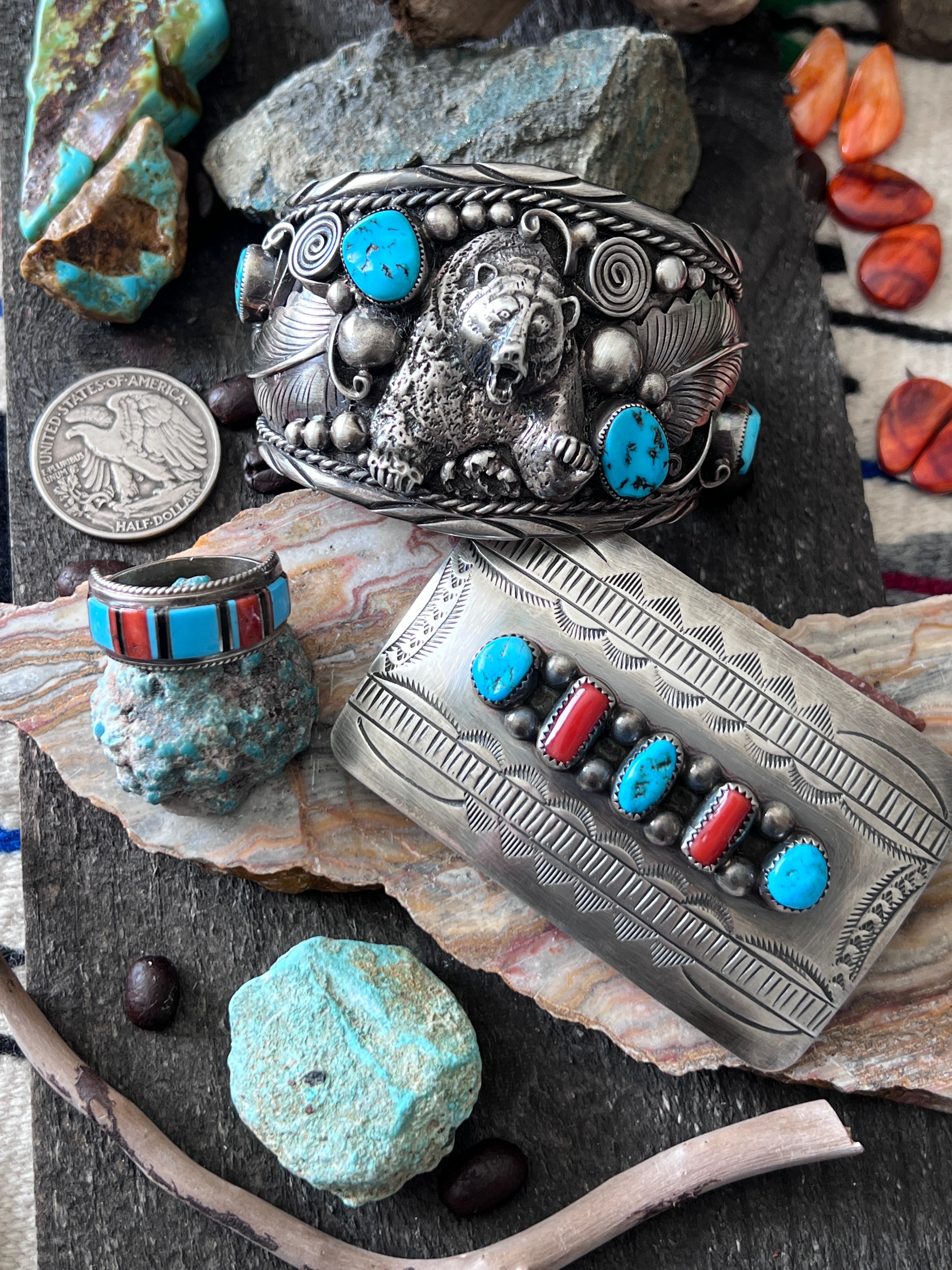 Old Pawn Sterling Silver, Turquoise, Onyx and Coral Raised Channel Inlay Ring by Deidre L Panteah