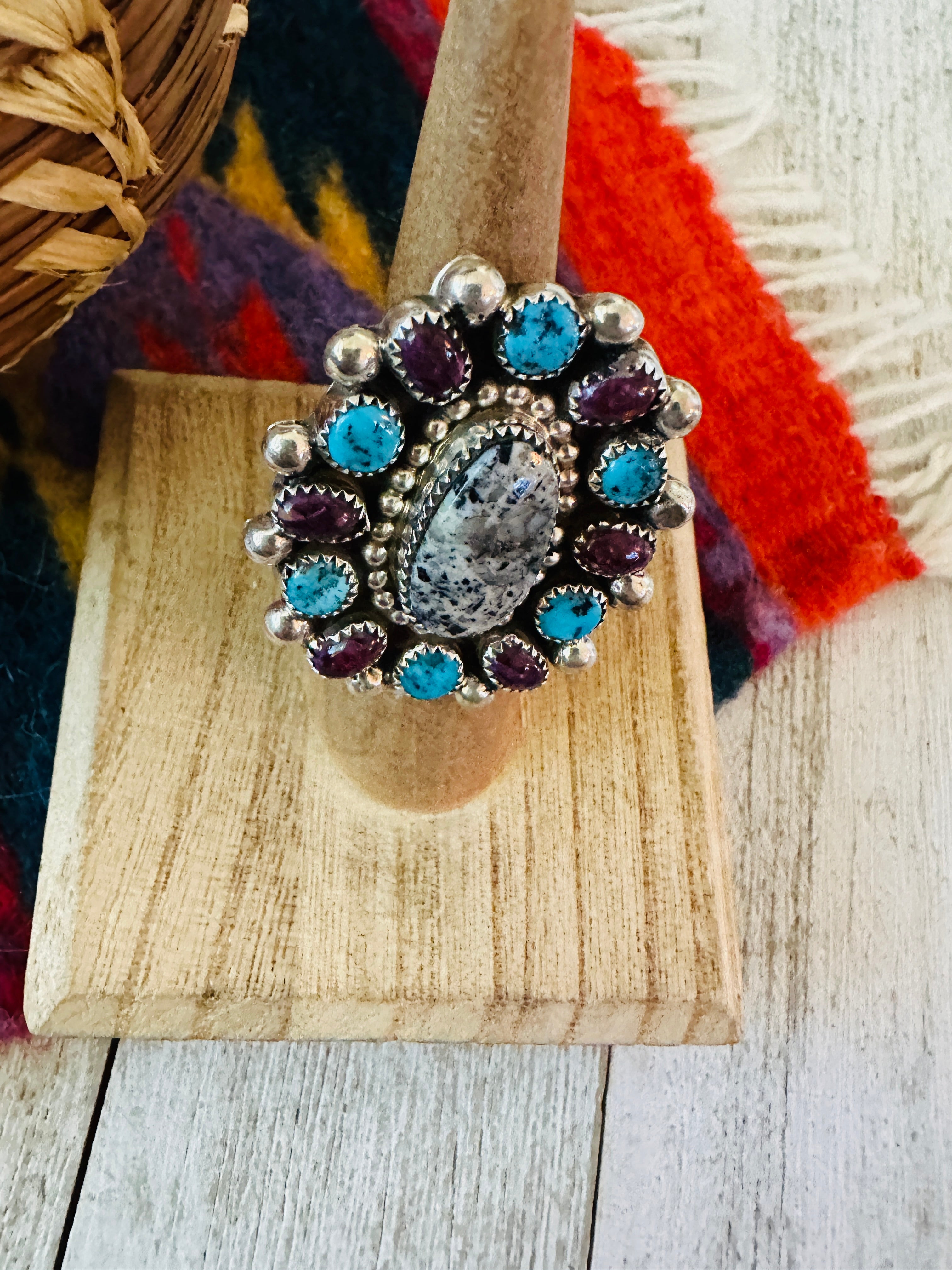 Handcrafted Sterling Silver & Multi Stone Cluster Adjustable Ring