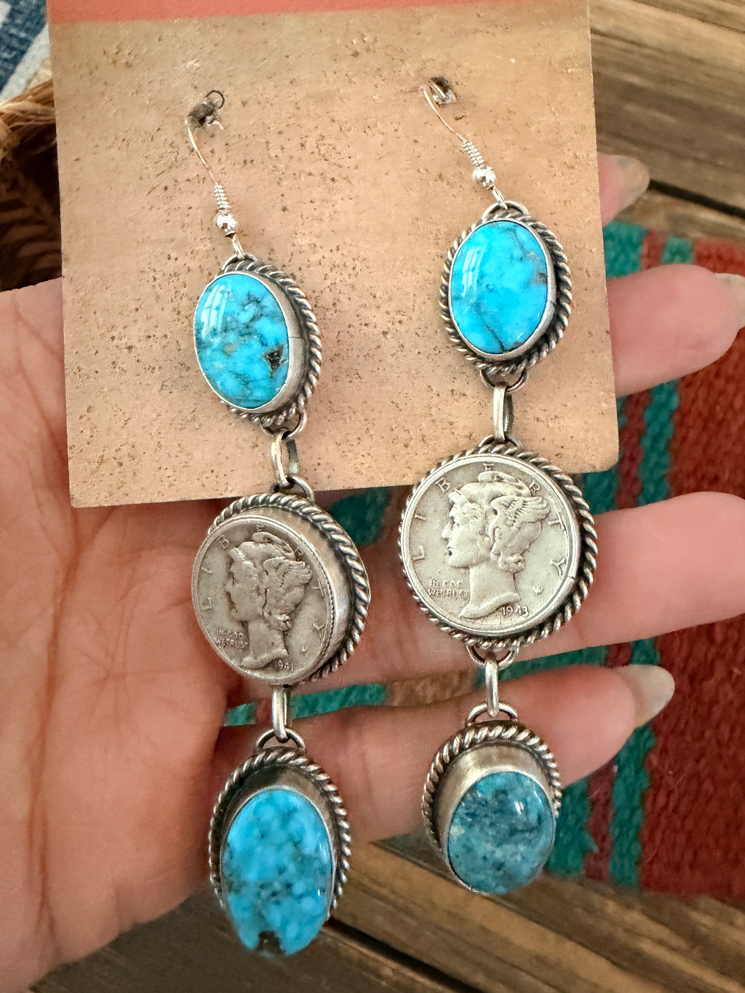 Handcrafted Turquoise & Sterling Silver Liberty Dime Dangle Earrings by Hiram Largo