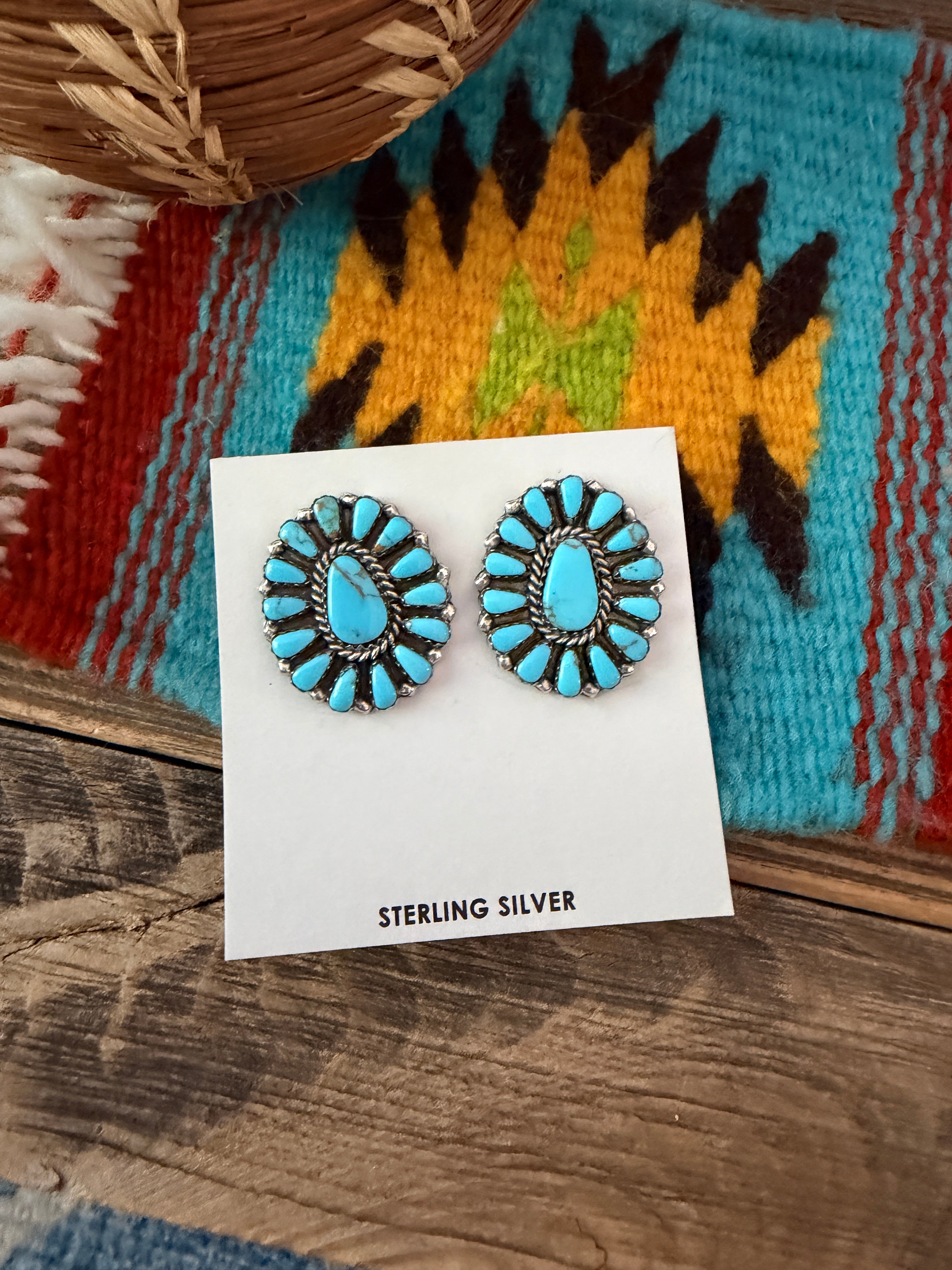 Handcrafted Turquoise & Sterling Silver Cluster Post Earrings