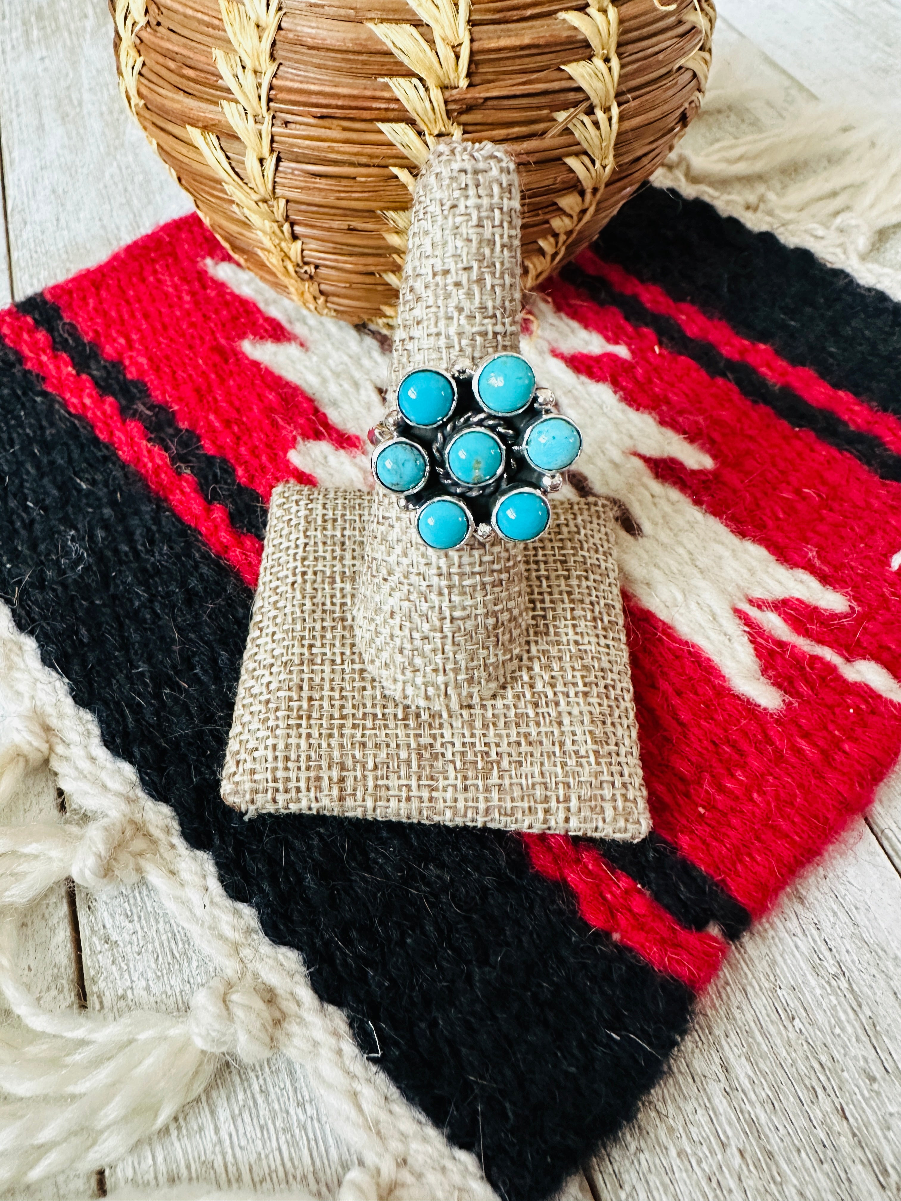 Handcrafted Turquoise & Sterling Silver Cluster Adjustable Ring