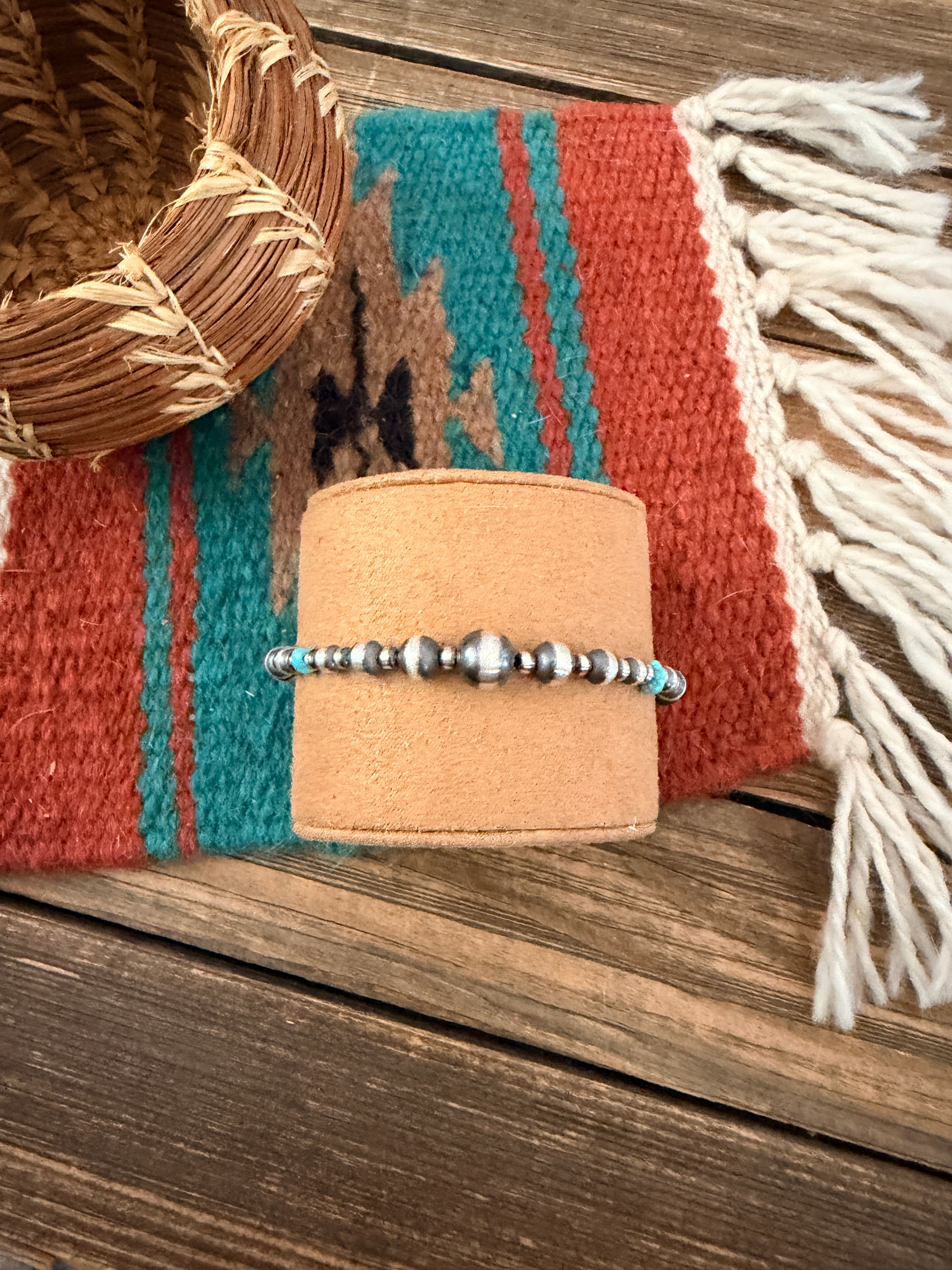 Handcrafted Turquoise & Sterling Silver Pearl Beaded Bracelet