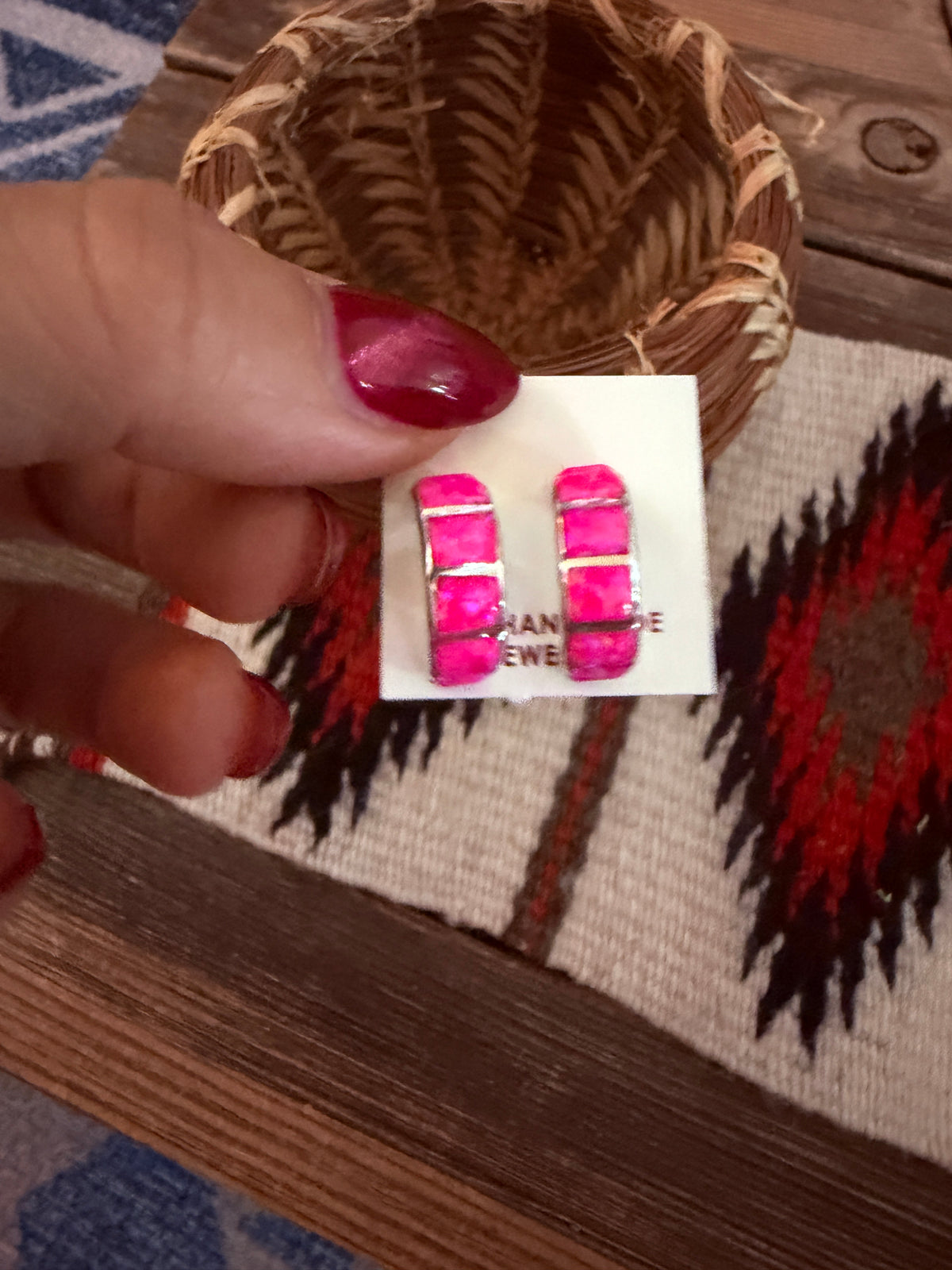 Handcrafted Sterling Silver & Pink Opal Inlay Hoop Earrings
