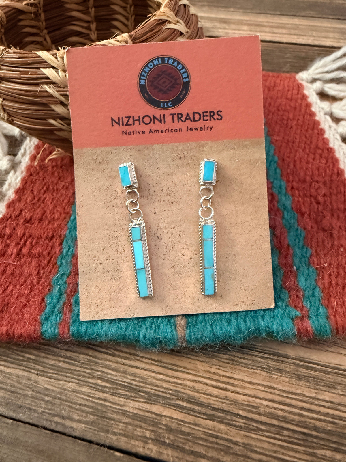 Handcrafted Turquoise & Sterling Silver Inlay Dangle Earrings