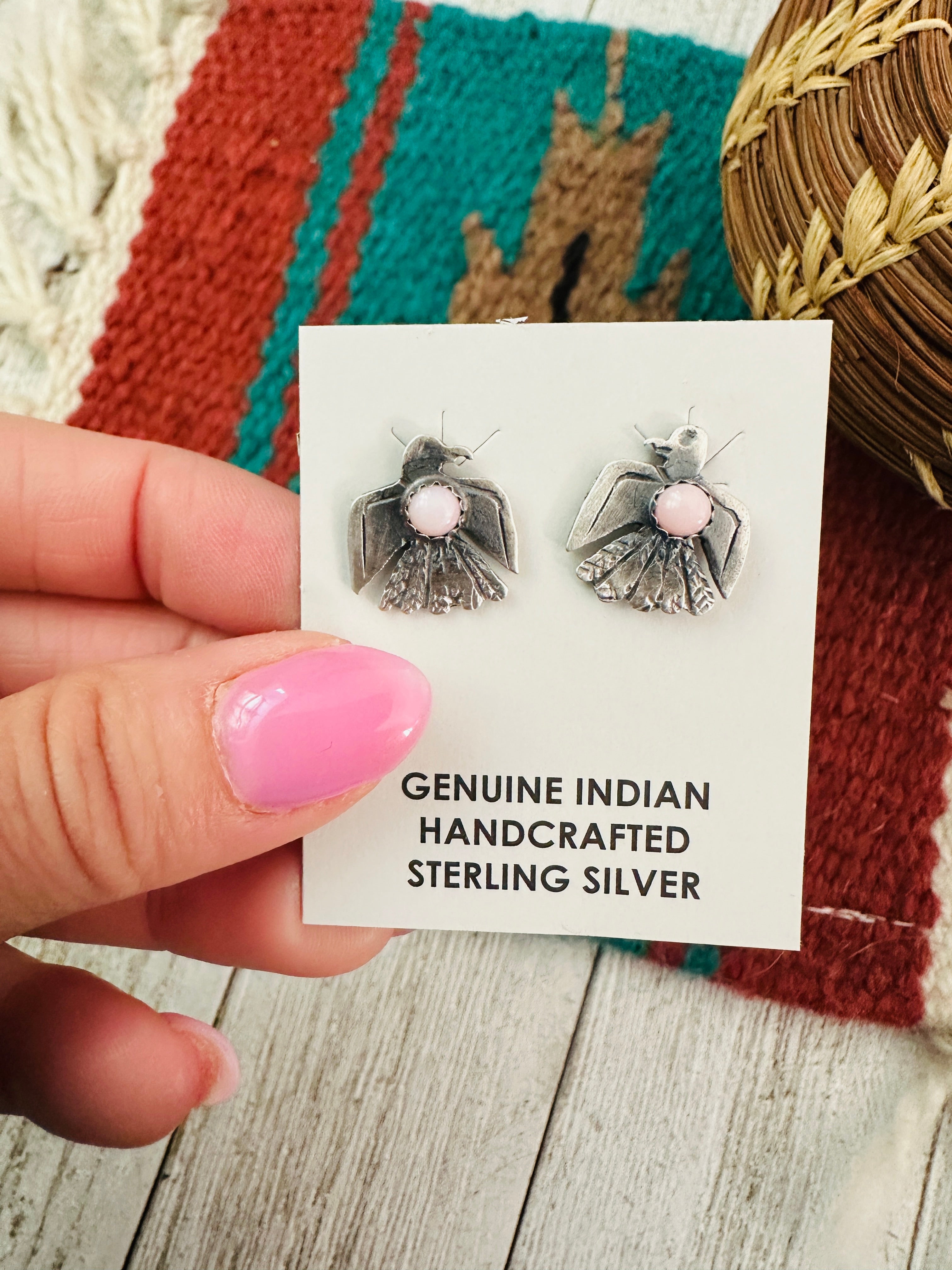 Navajo Sterling Silver & Queen Pink Thunderbird Stud Earrings