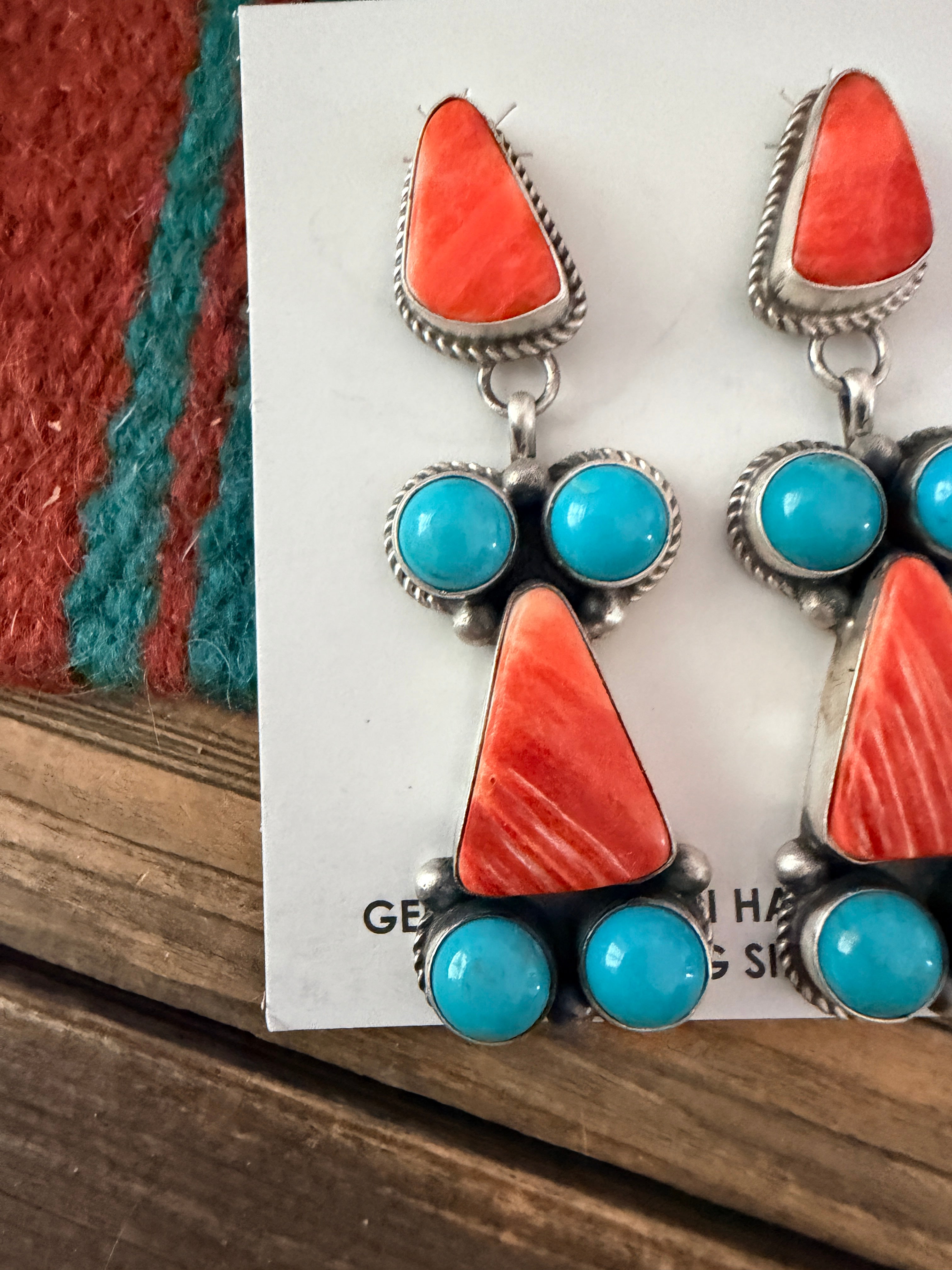 Handcrafted Sterling Silver, Turquoise & Spiny Oyster Dangle Earrings