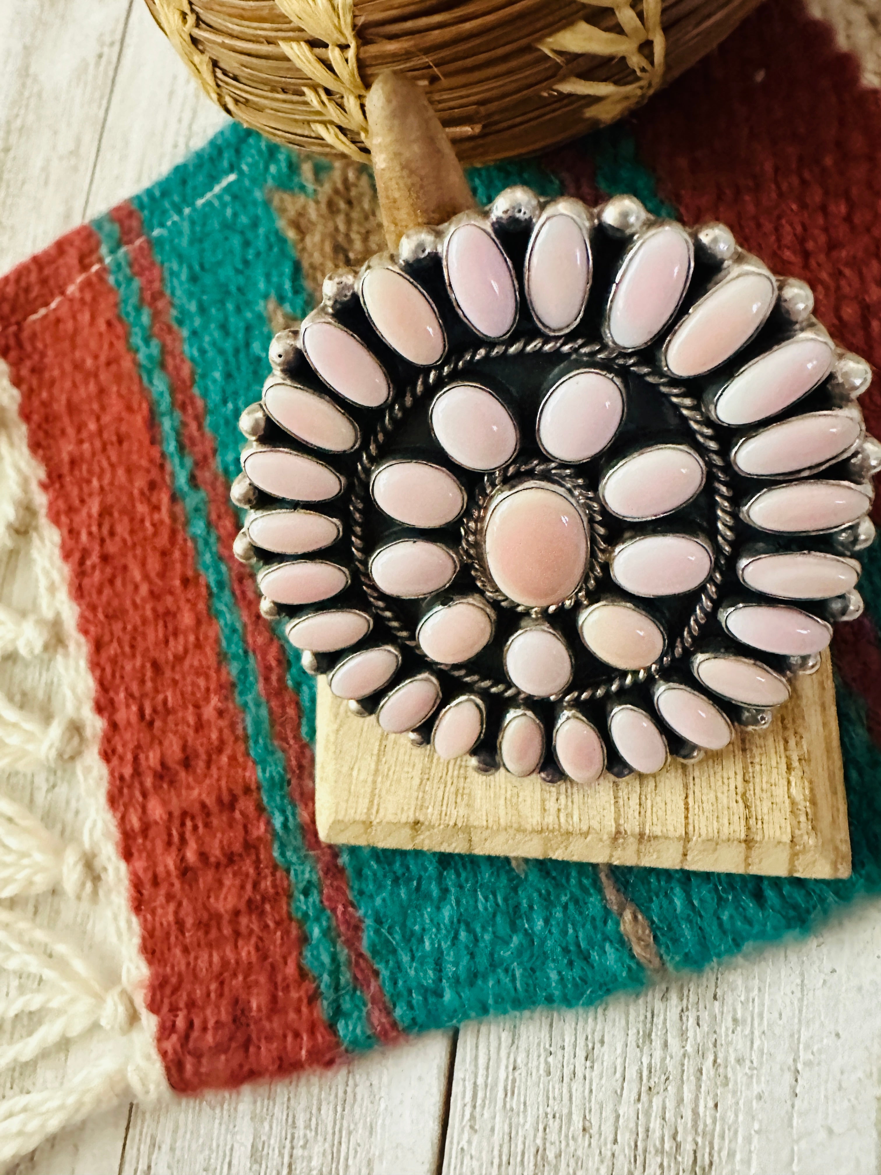 Navajo Sterling Silver & Queen Pink Conch Cluster Adjustable Ring