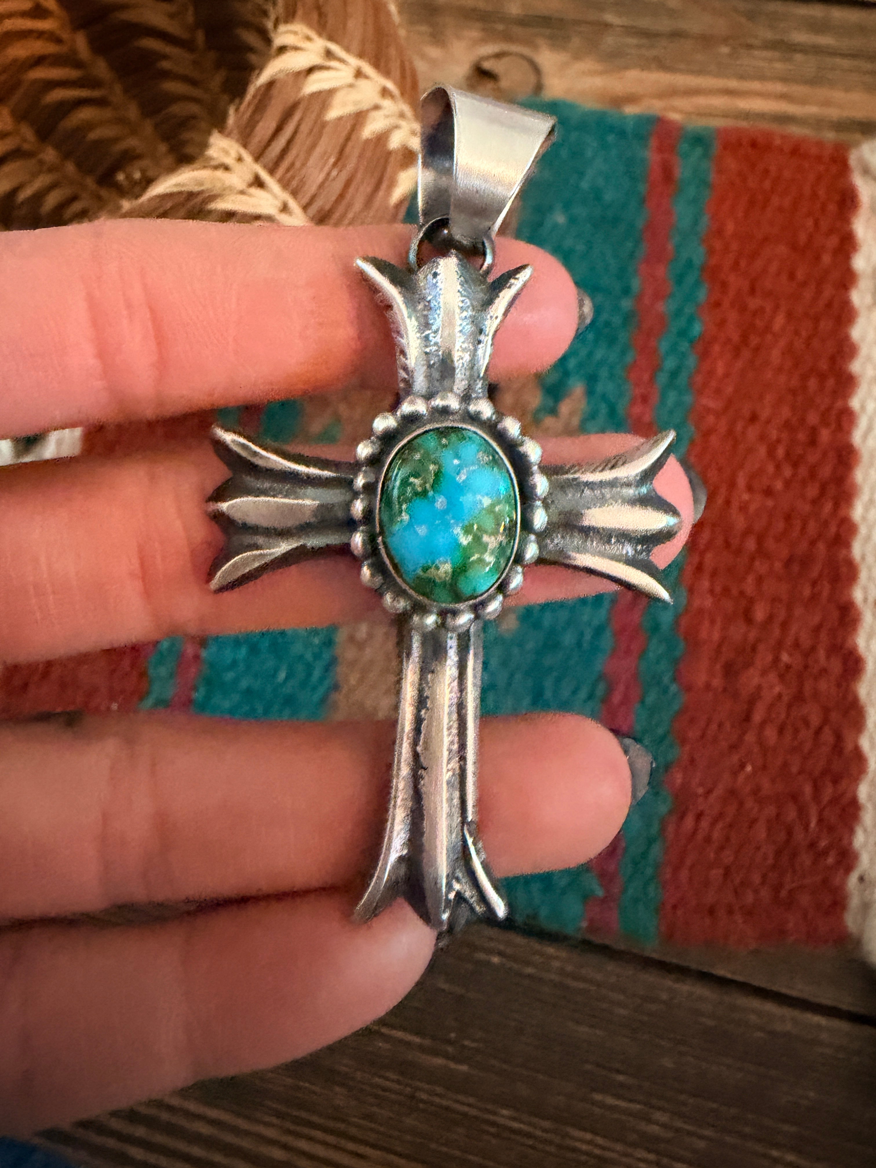 Handcrafted Sonoran Mountain Turquoise & Sterling Silver Cross Pendant by Chimney Butte