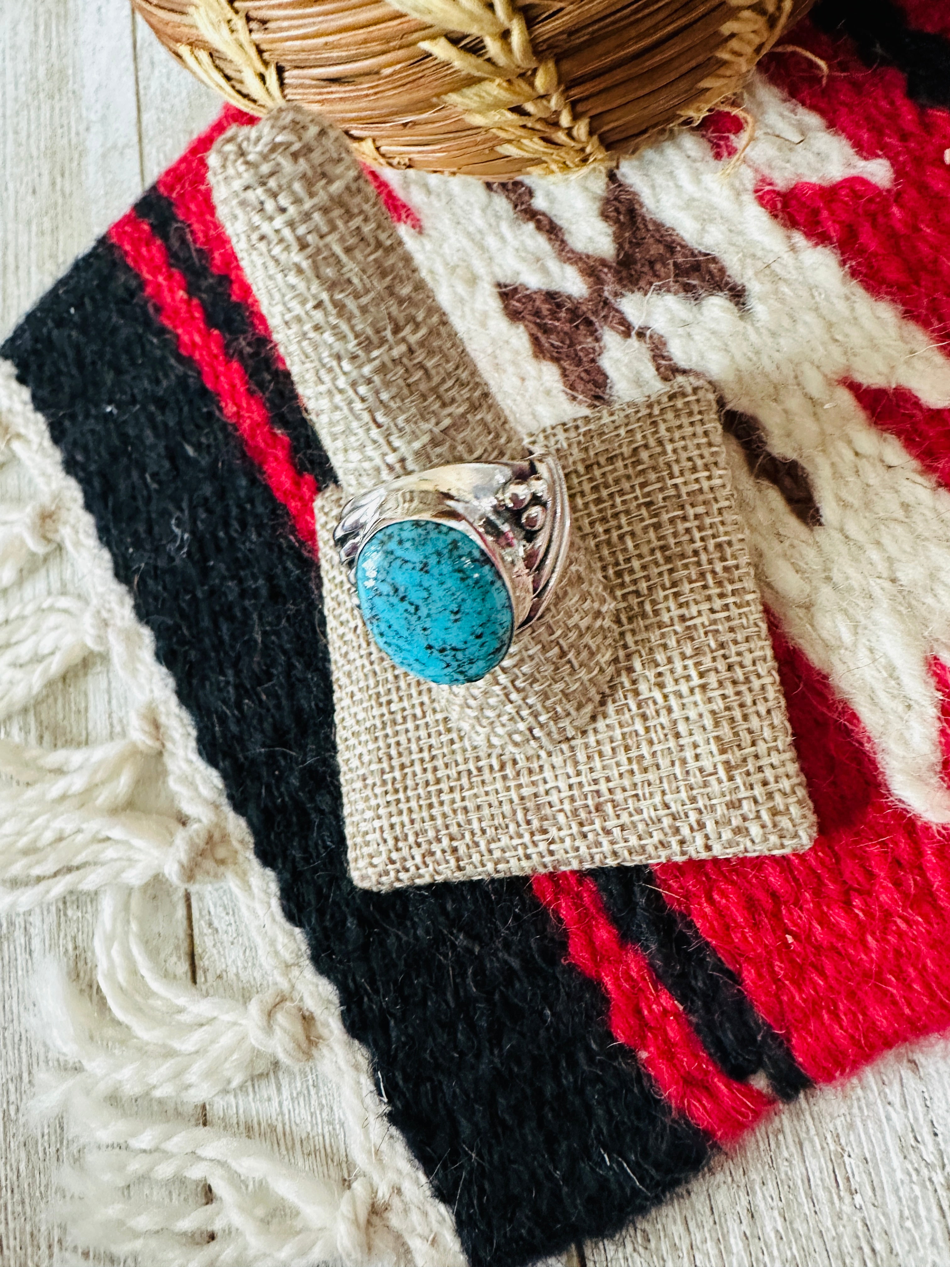 Handcrafted Turquoise & Sterling Silver Cigar Band Ring Size 9.5