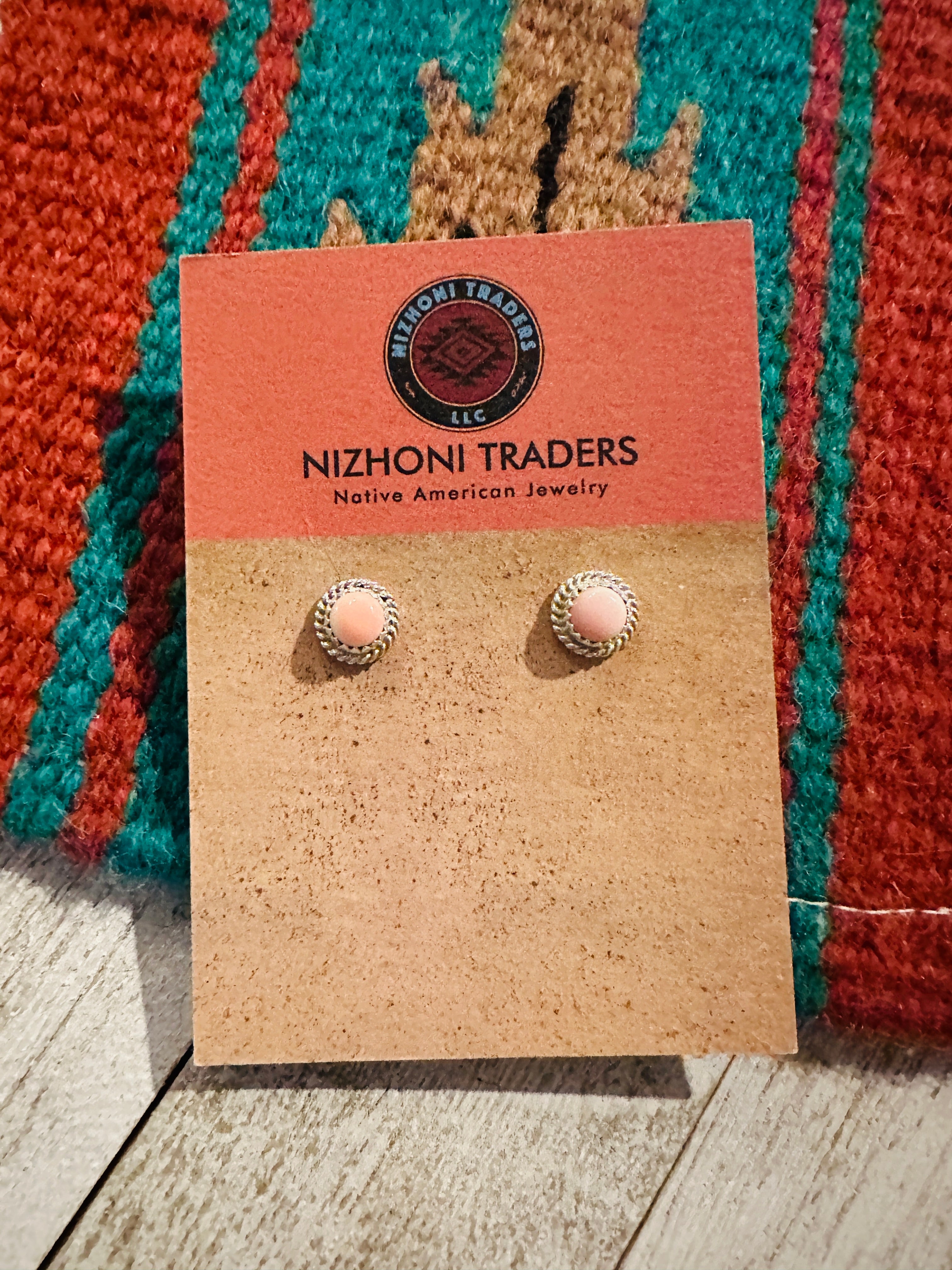 Navajo Queen Pink Conch & Sterling Silver Circle Stud Earrings