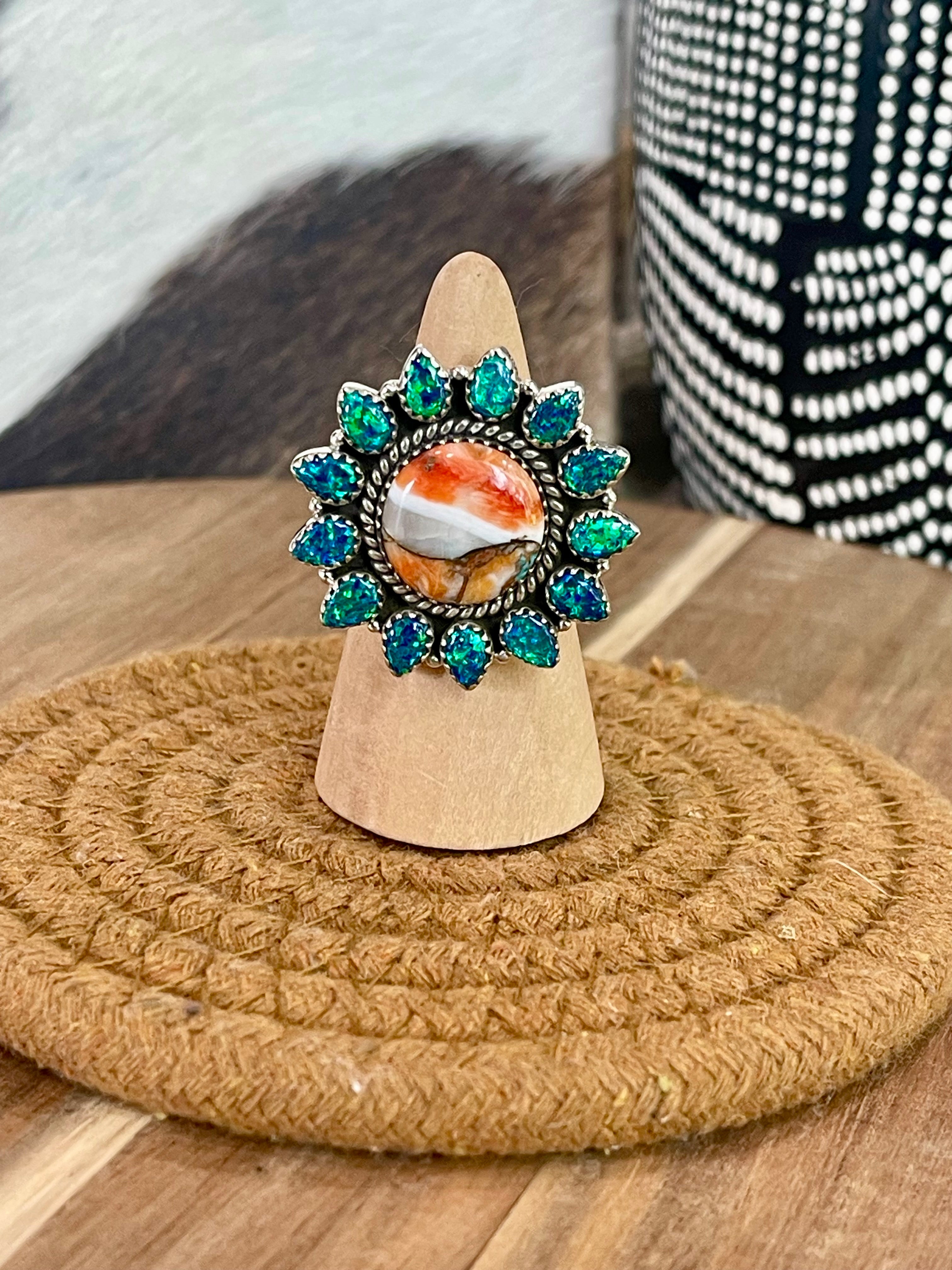 Handmade Sterling Silver, Spice & Blue Fire Opal Adjustable Ring