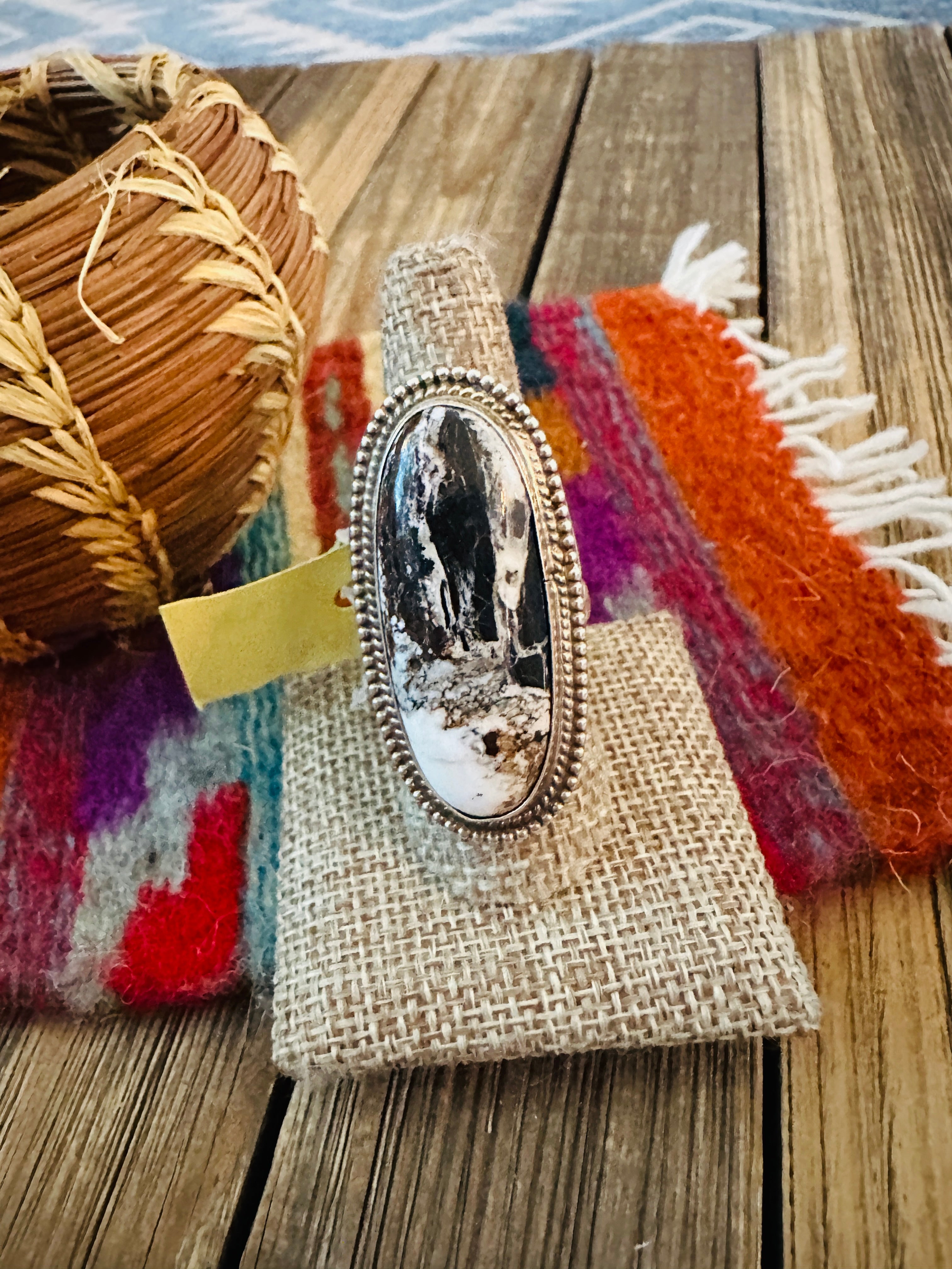 Old Pawn Handcrafted White Buffalo & Sterling Silver Ring Size 10