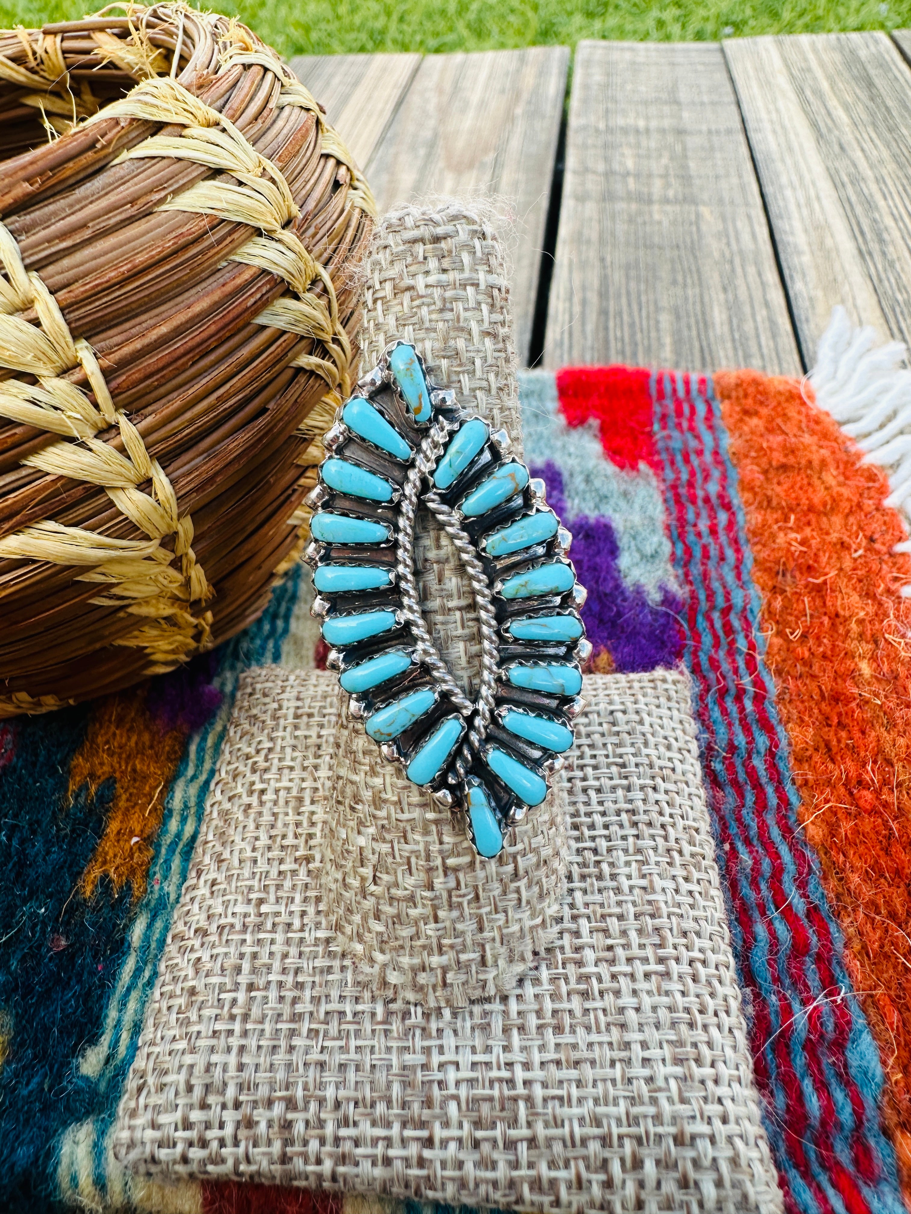 Handcrafted Turquoise & Sterling Silver Cluster Ring by Tamara Benally Size 9