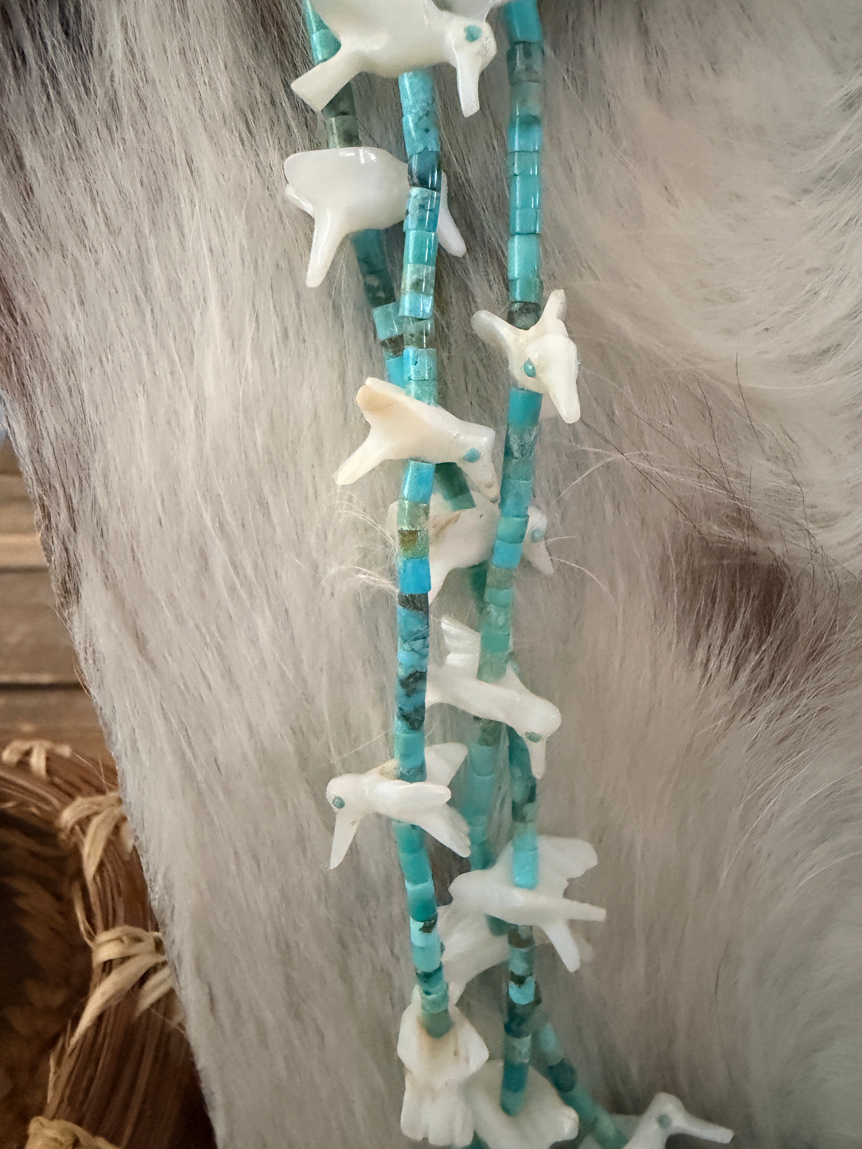 Old Pawn Handcrafted Turquoise & Mother of Pearl Fetish Hummingbird Beaded 29” Necklace