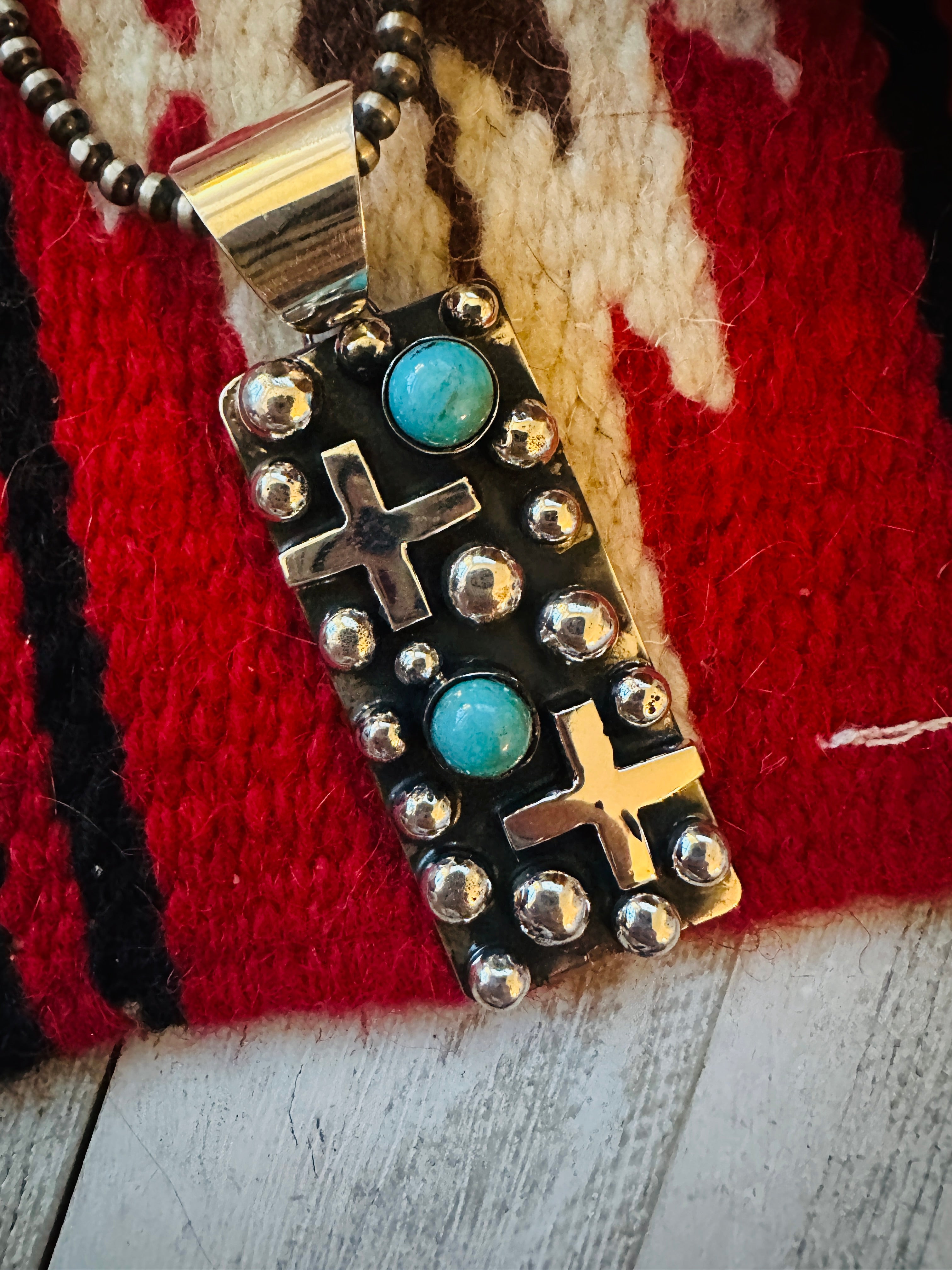 Navajo Sterling Silver & Turquoise Cross Pendant by Chimney Butte