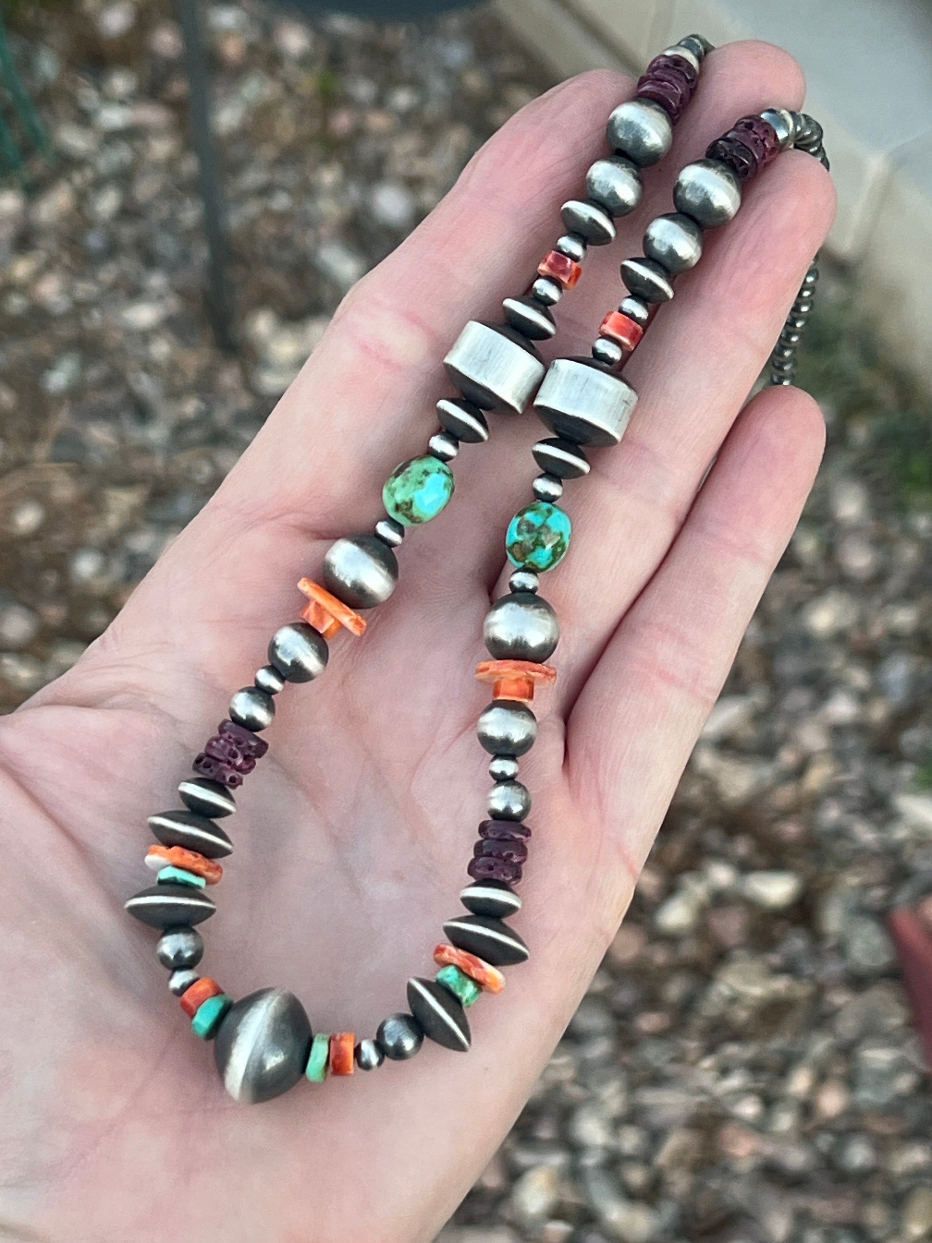 Rose Martin Electric Rainbow Sterling Silver, Turquoise and Spiny Oyster Single Strand Beaded Necklace, 22 inches